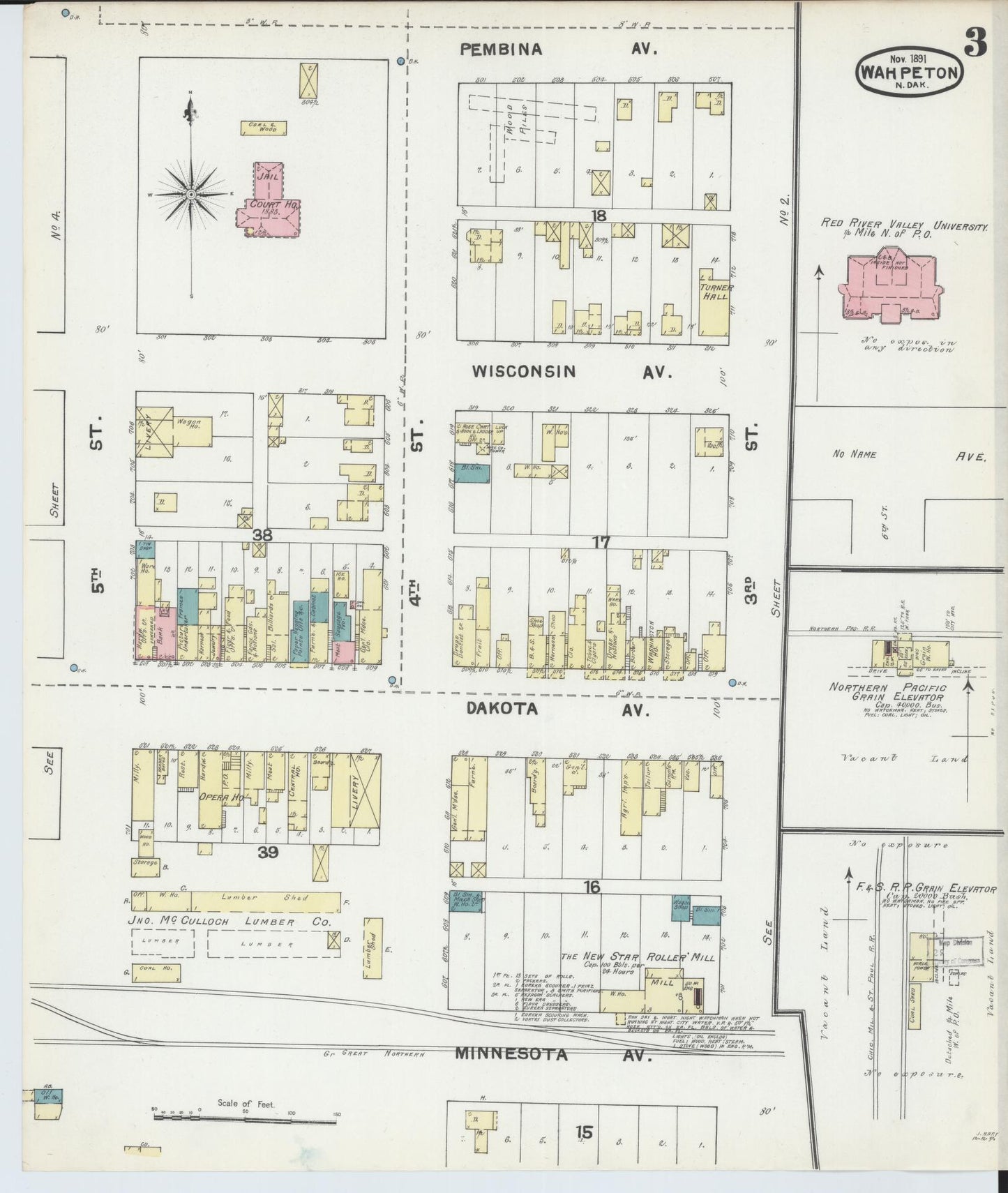 Sanborn Fire Insurance Map from Wahpeton, Richland County, North Dakota (1891), Sheet #0003 - Complete Map Set gallery image, historic Sanborn map, vintage wall art, North Dakota North Dakota