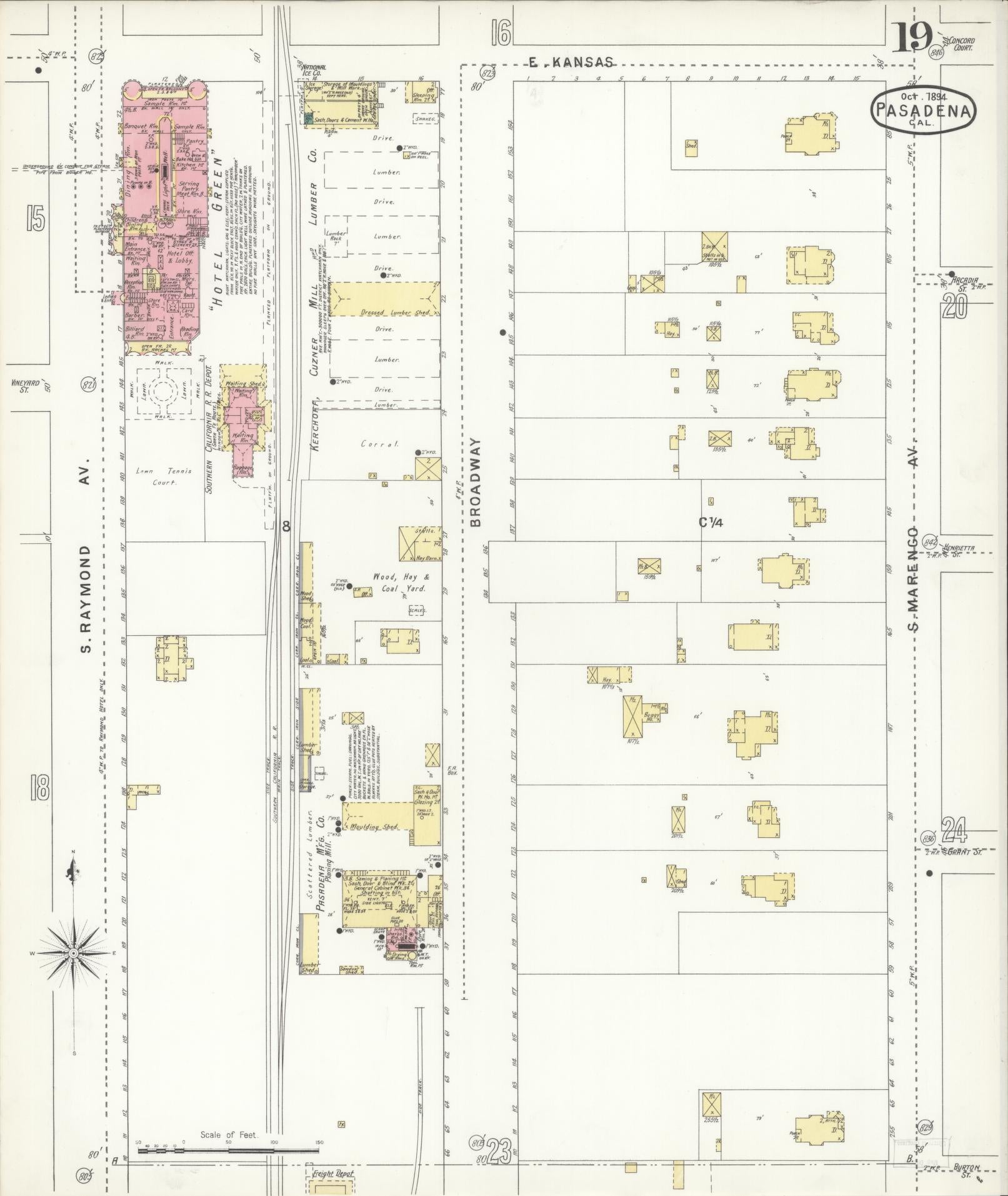 Sanborn Fire Insurance Map from Pasadena, Los Angeles County, California (1894), Sheet #0019 - Complete Map Set gallery image, historic Sanborn map, vintage wall art, California California