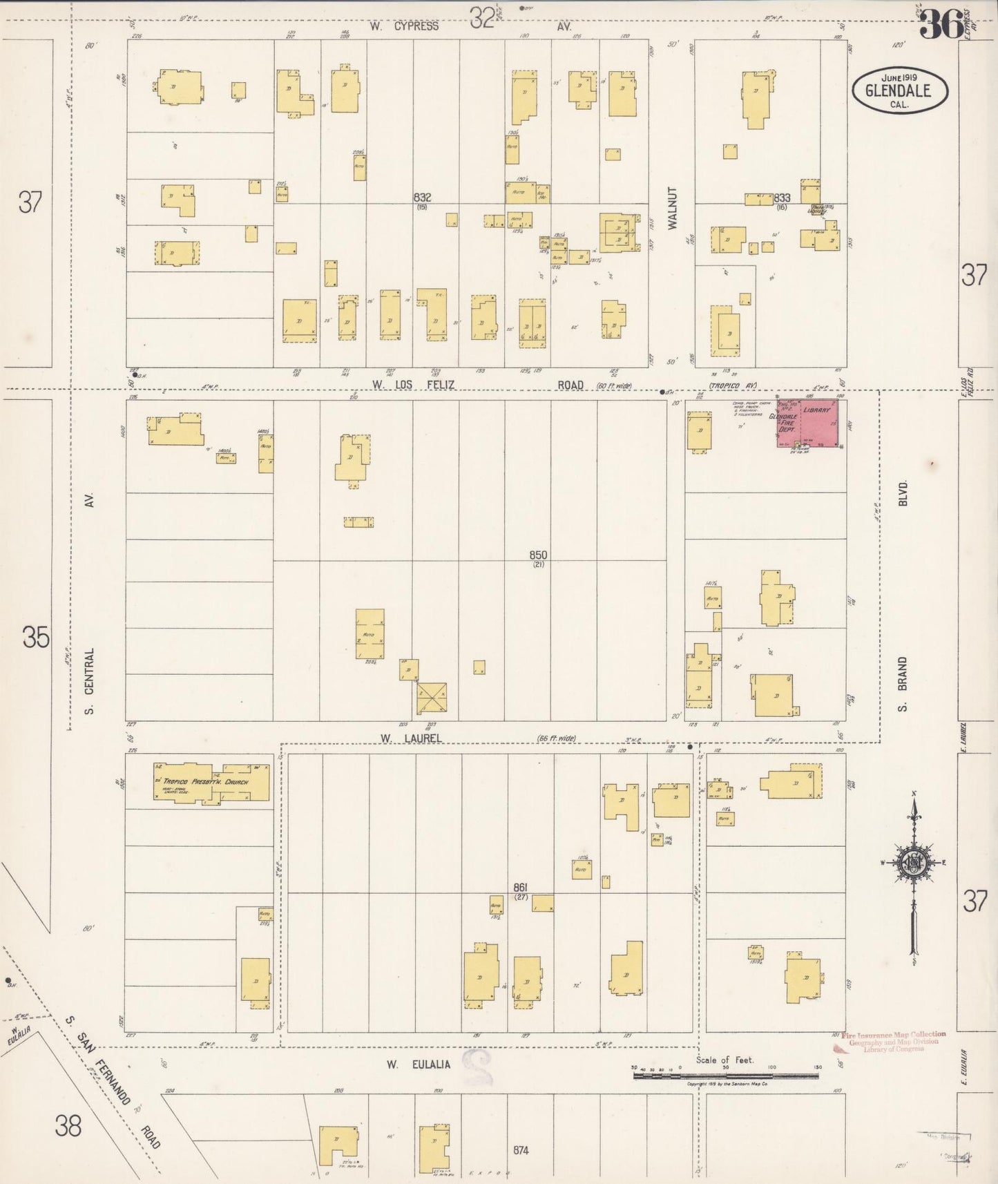 Sanborn Fire Insurance Map from Glendale, Los Angeles County, California (1919), Sheet #0036 - Historic Sanborn Fire Insurance Map Print, vintage old map wall art, antique decor, genealogy gift, California California map