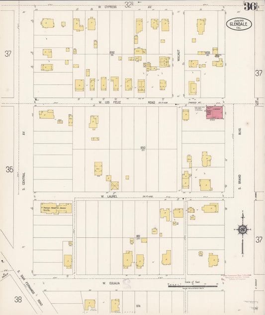 Sanborn Fire Insurance Map from Glendale, Los Angeles County, California (1919), Sheet #0036 - Historic Sanborn Fire Insurance Map Print, vintage old map wall art, antique decor, genealogy gift, California California map