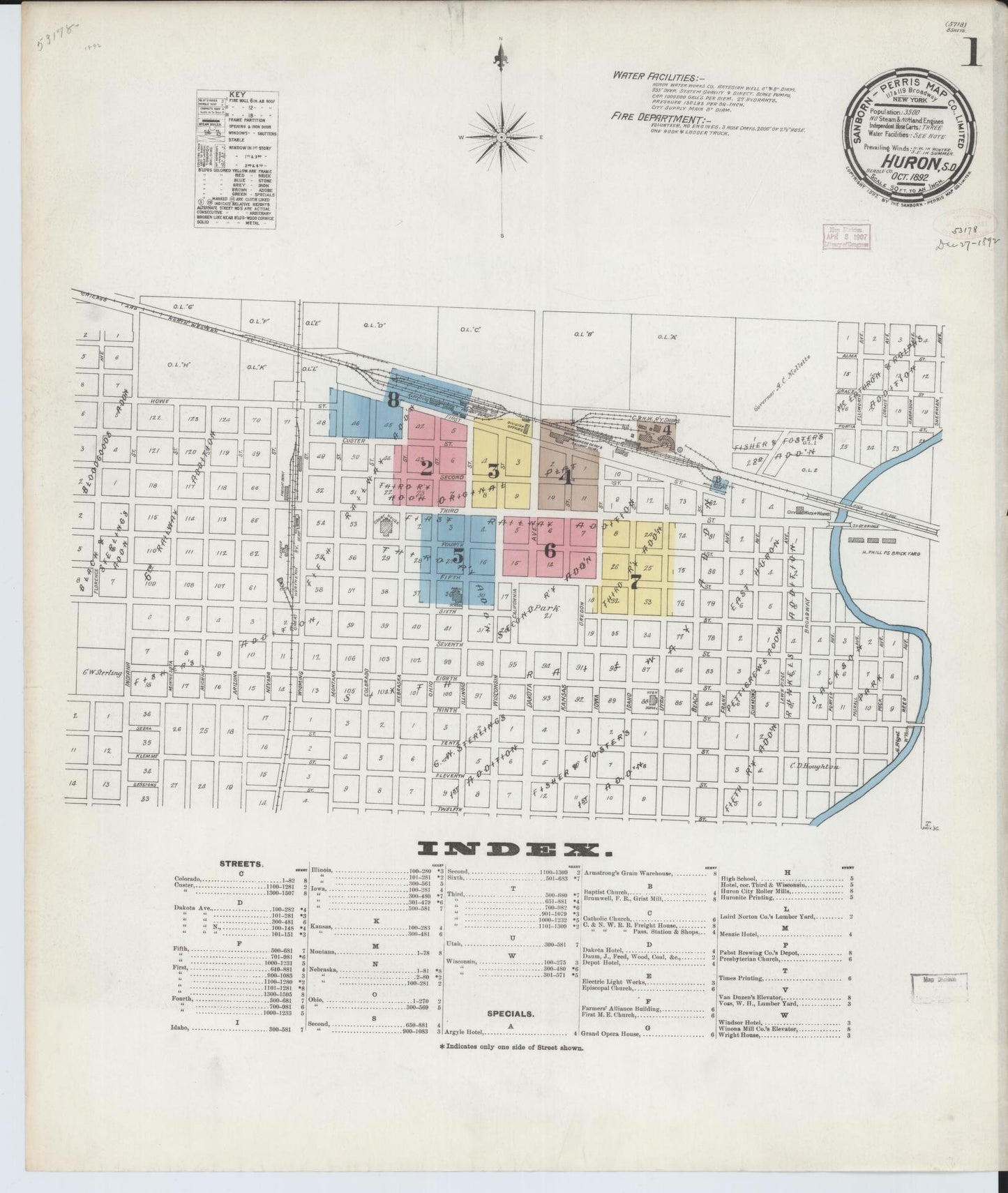 Sanborn Fire Insurance Map from Huron, Beadle County, South Dakota. (1892) – Historic Sanborn Fire Insurance Map Print