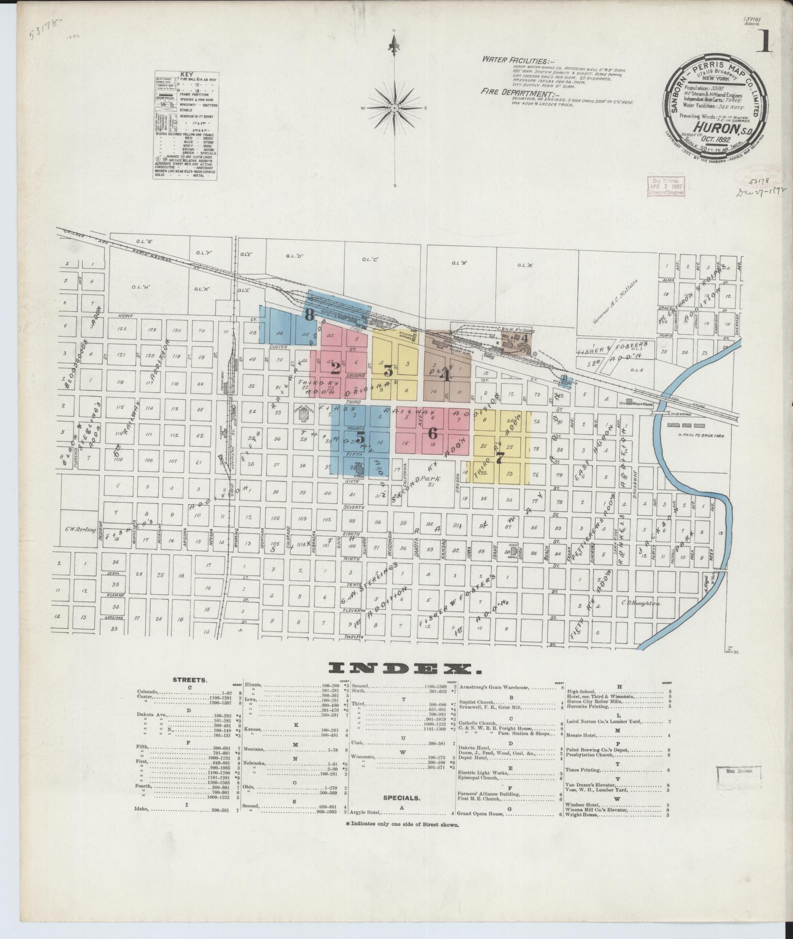 Sanborn Fire Insurance Map from Huron, Beadle County, South Dakota. (1892) – Historic Sanborn Fire Insurance Map Print
