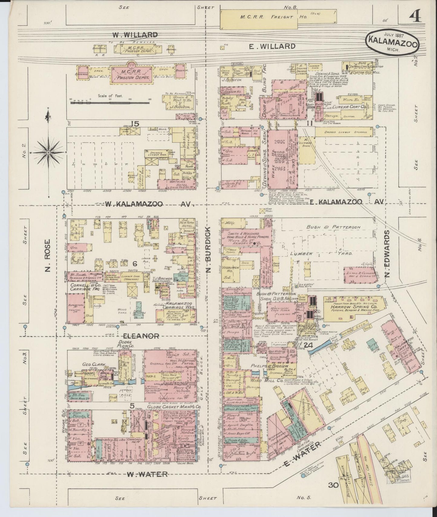 Sanborn Fire Insurance Map from Kalamazoo, Kalamazoo County, Michigan (1887), Sheet #0004 - Historic Sanborn Fire Insurance Map Print, vintage old map wall art, antique decor, genealogy gift, Michigan Michigan map