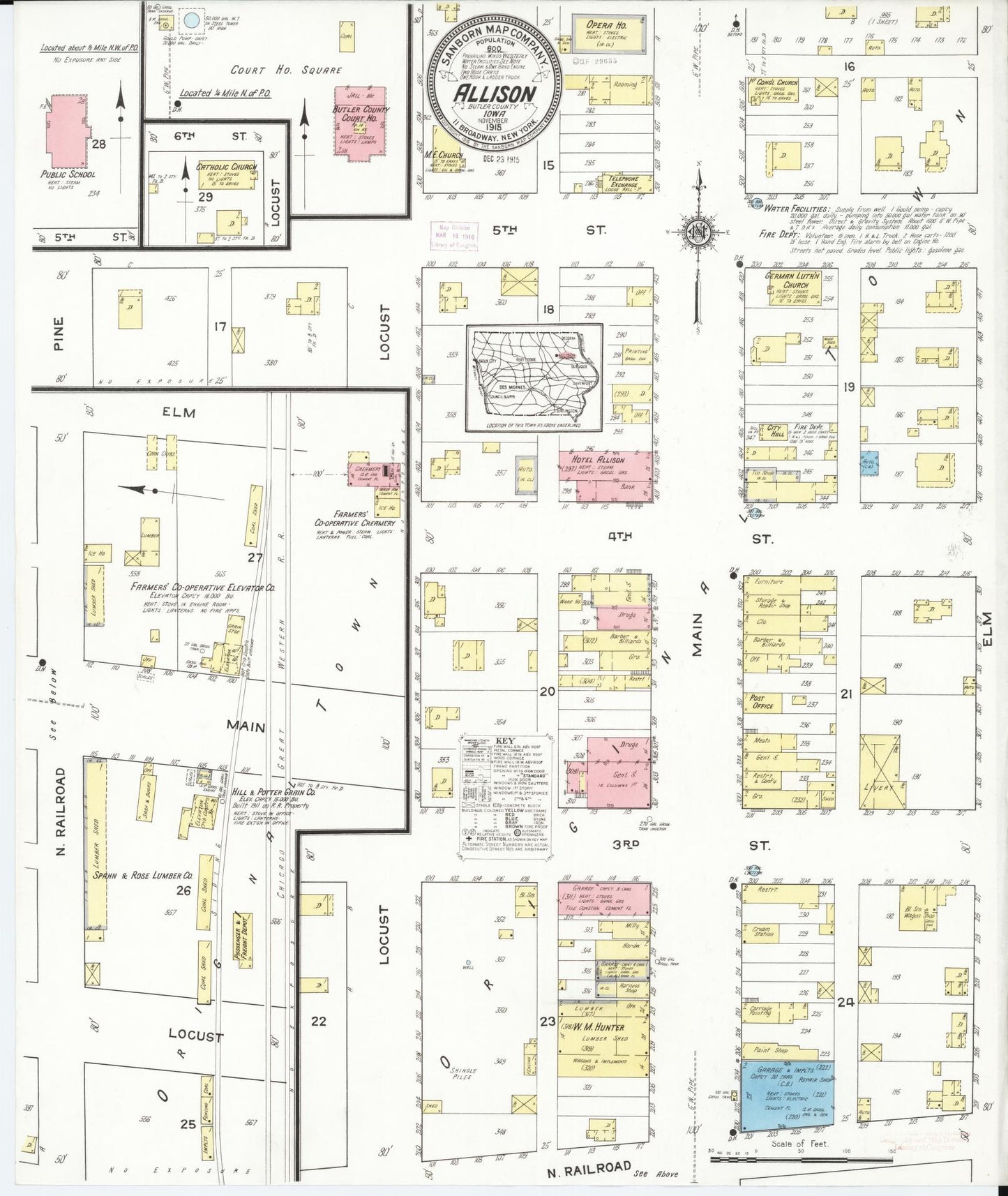 Sanborn Fire Insurance Map from Allison, Butler County, Iowa (1915), Sheet #0001 - Historic Sanborn Fire Insurance Map Print, vintage old map wall art