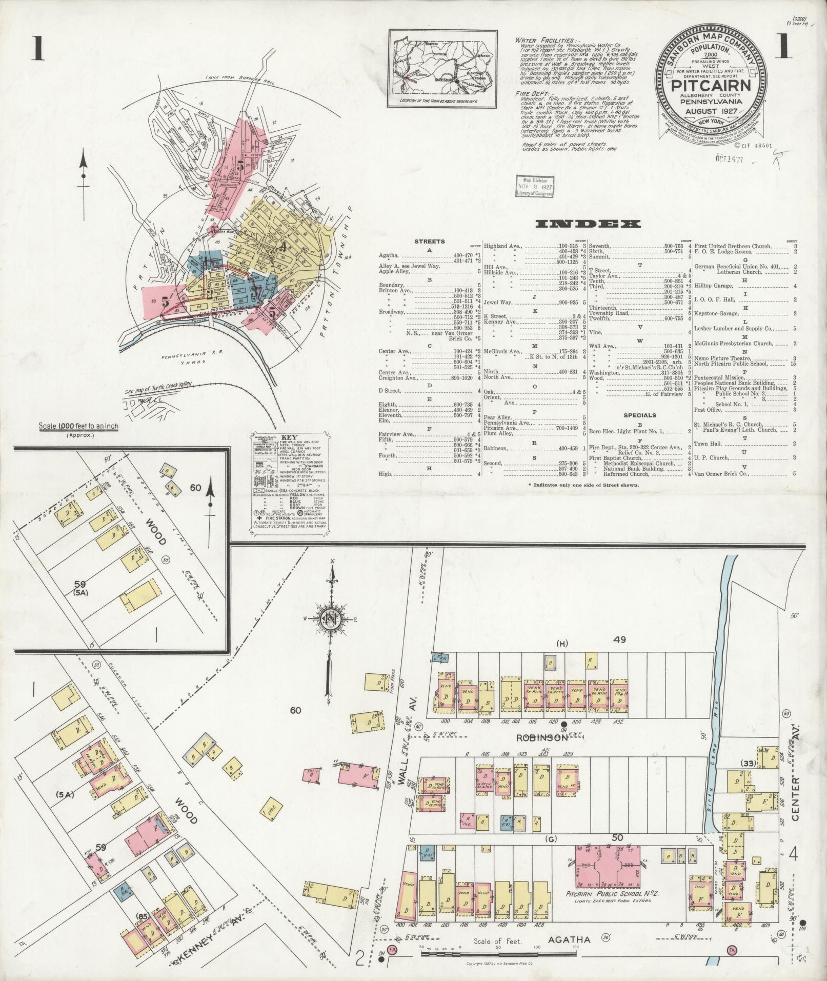 Sanborn Fire Insurance Map from Pitcairn, Allegheny County, Pennsylvania (1927), Sheet #0001 - Complete Map Set gallery image, historic Sanborn map, vintage wall art, Pennsylvania Pennsylvania
