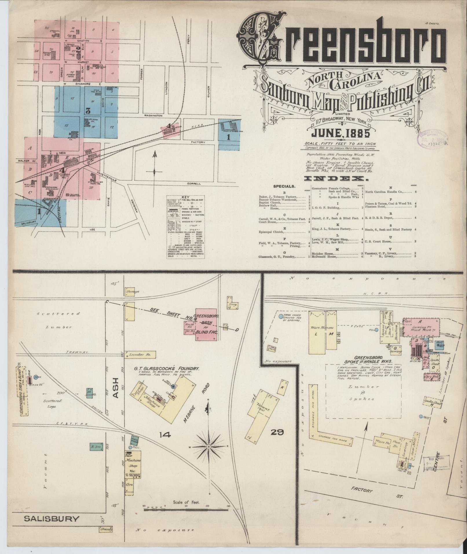 Sanborn Fire Insurance Map from Greensboro, Guilford County, North Carolina (1885), Sheet #0001 - Complete Map Set gallery image, historic Sanborn map, vintage wall art, North Carolina North Carolina