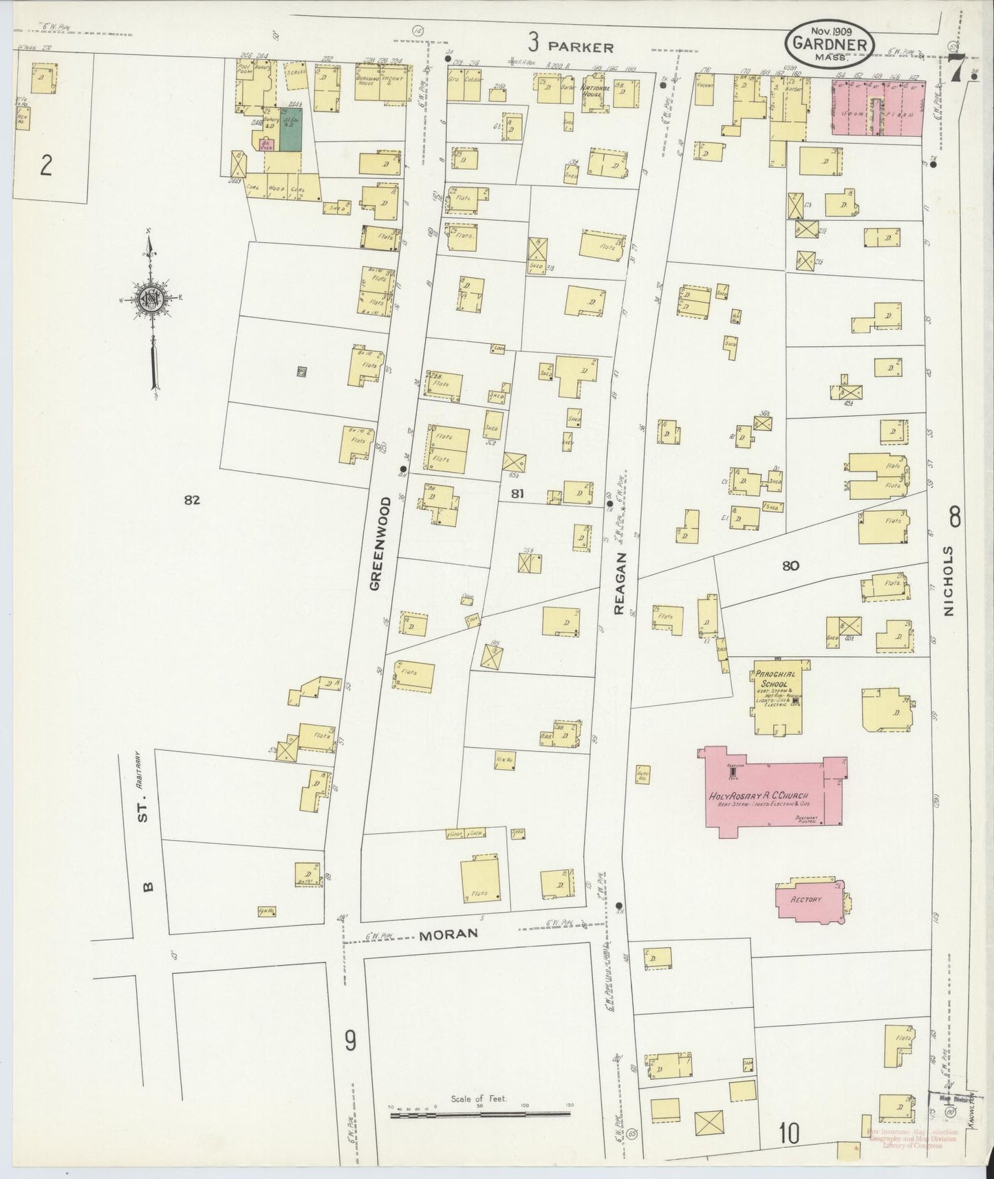 Sanborn Fire Insurance Map from Gardner, Worcester County, Massachusetts (1909), Sheet #0007 - Complete Map Set gallery image, historic Sanborn map, vintage wall art, Massachusetts Massachusetts