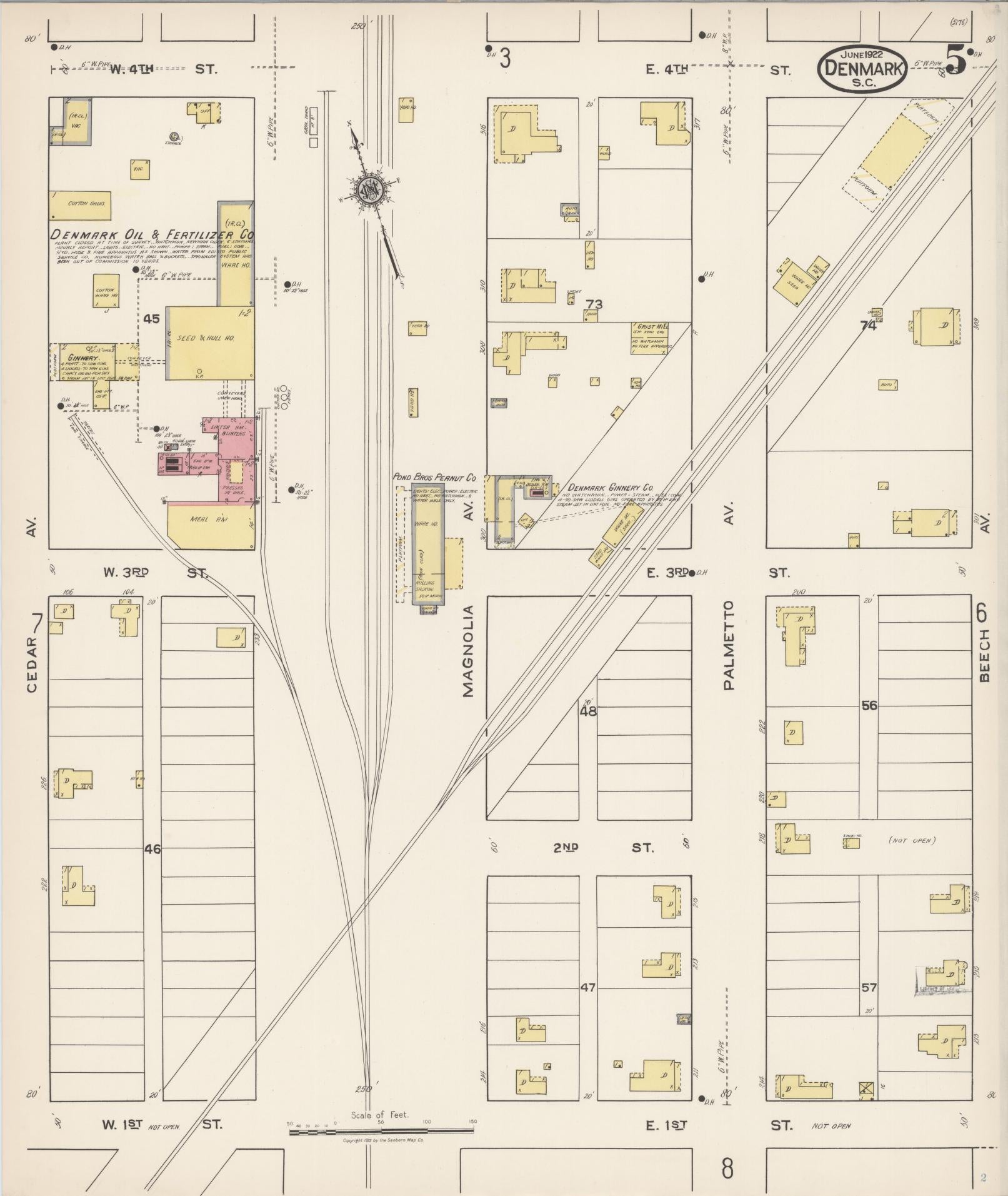 Sanborn Fire Insurance Map from Denmark, Bamberg County, South Carolina (1922), Sheet #0005 - Historic Sanborn Fire Insurance Map Print, vintage old map wall art, antique decor, genealogy gift, South Carolina South Carolina map