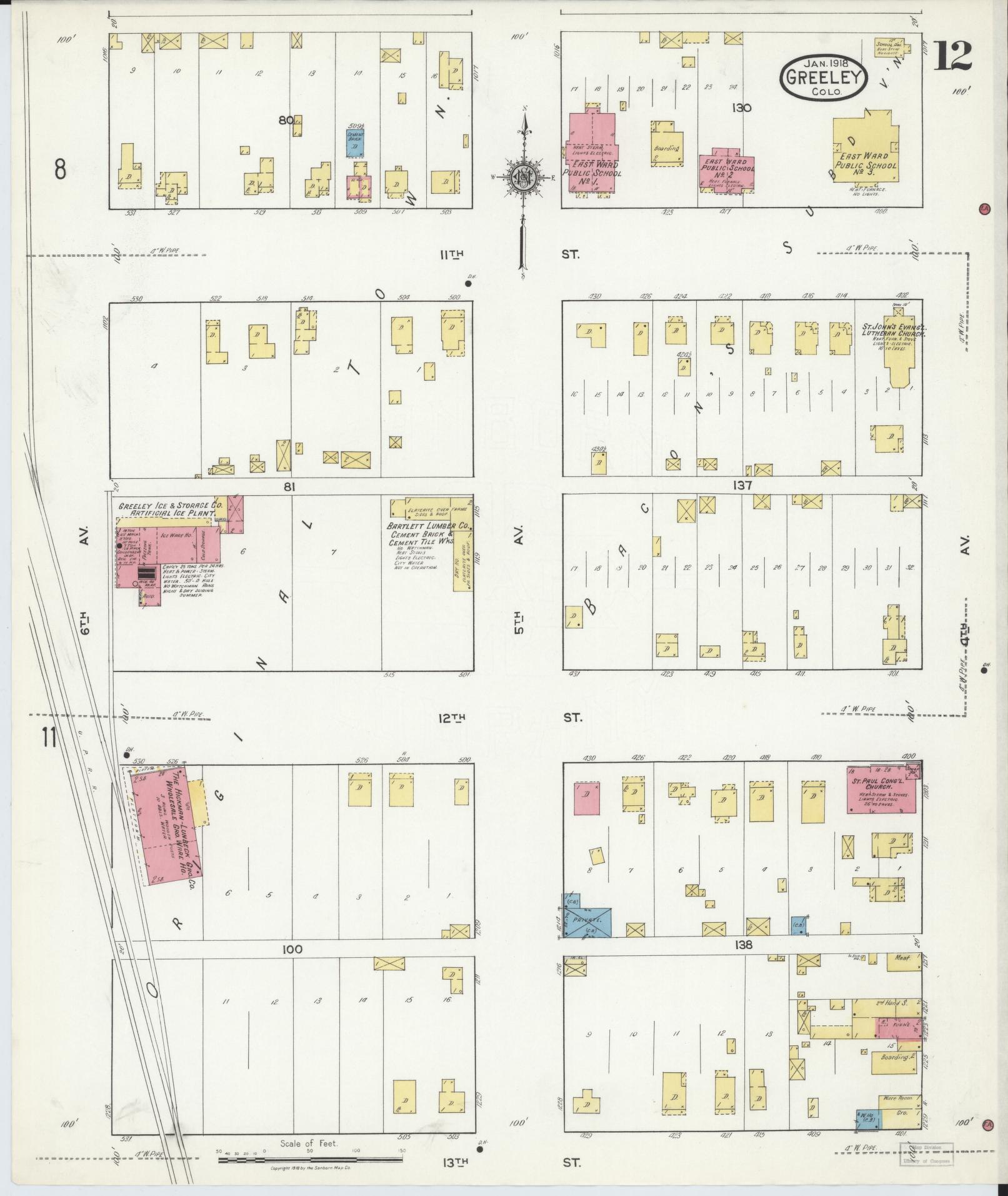 Sanborn Fire Insurance Map from Greeley, Weld County, Colorado (1918), Sheet #0012 - Historic Sanborn Fire Insurance Map Print, vintage old map wall art, antique decor, genealogy gift, Colorado Colorado map