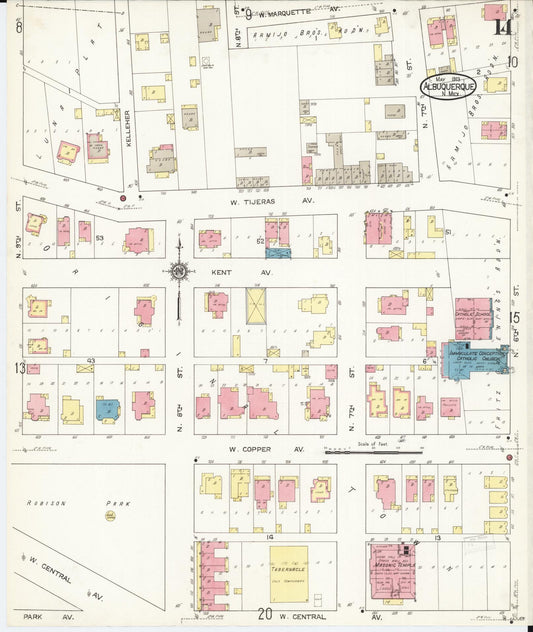 Sanborn Fire Insurance Map from Albuquerque, Bernalillo County, New Mexico (1913), Sheet #0014 - Historic Sanborn Fire Insurance Map Print, vintage old map wall art, antique decor, genealogy gift, New Mexico New Mexico map