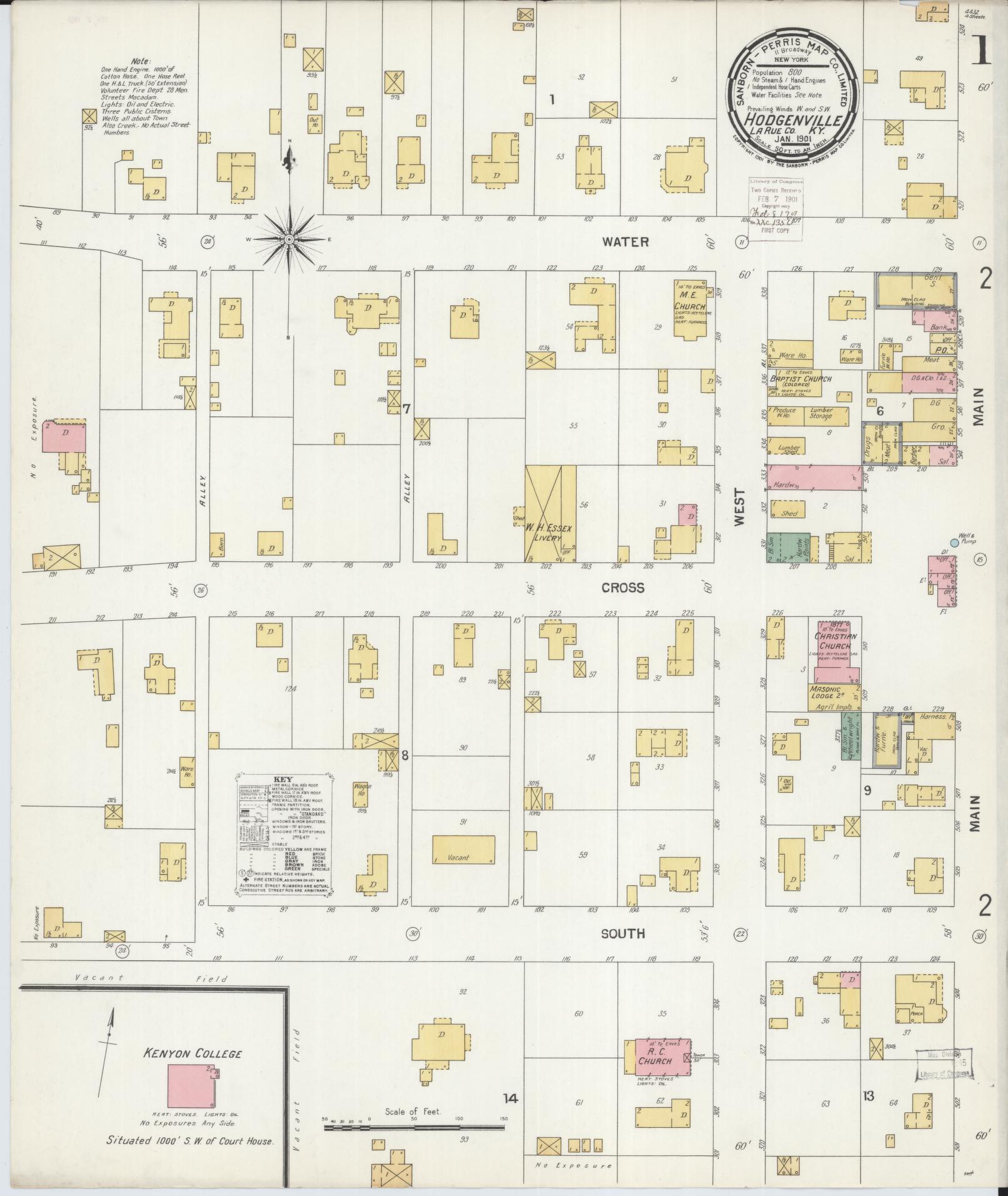 Sanborn Fire Insurance Map from Hodgenville, Larue County, Kentucky (1901), Sheet #0001 - Complete Map Set gallery image, historic Sanborn map, vintage wall art, Kentucky Kentucky