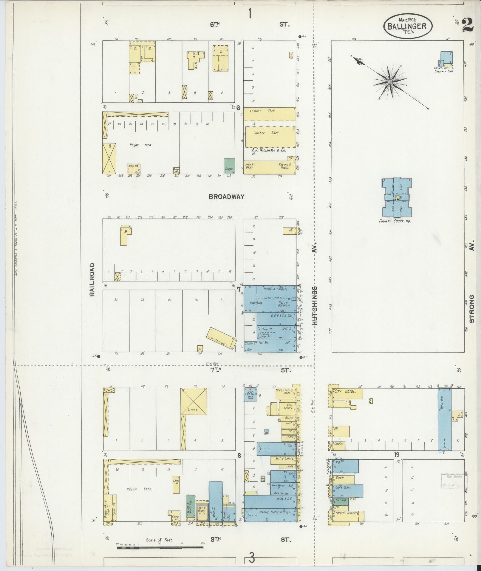 Sanborn Fire Insurance Map from Ballinger, Runnels County, Texas (1902), Sheet #0002 - Historic Sanborn Fire Insurance Map Print, vintage old map wall art, antique decor, genealogy gift, Texas Texas map