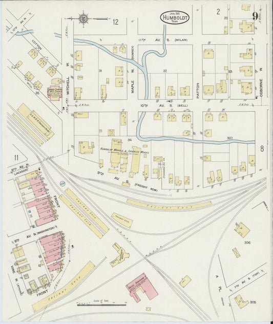 Sanborn Fire Insurance Map from Humboldt, Gibson County, Tennessee (1915), Sheet #0009 - Historic Sanborn Fire Insurance Map Print, vintage old map wall art, antique decor, genealogy gift, Tennessee Tennessee map