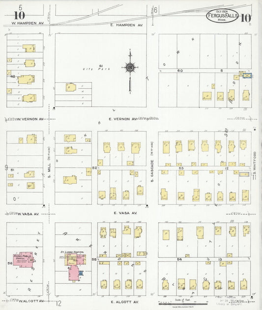 Sanborn Fire Insurance Map from Fergus Falls, Otter Tail County, Minnesota (1924), Sheet #0010 - Historic Sanborn Fire Insurance Map Print, vintage old map wall art, antique decor, genealogy gift, Minnesota Minnesota map