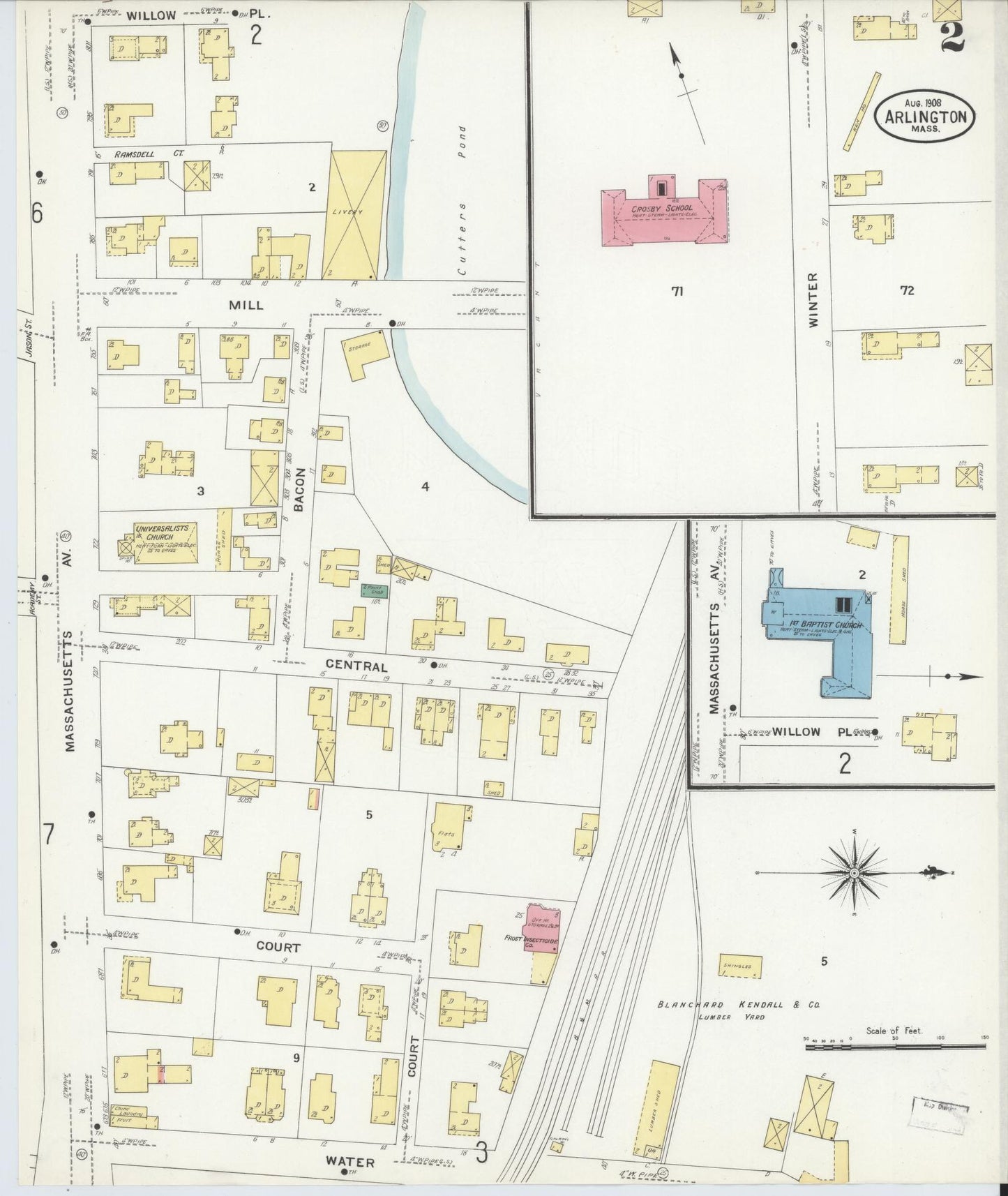 Sanborn Fire Insurance Map from Arlington, Middlesex County, Massachusetts (1908), Sheet #0002 - Historic Sanborn Fire Insurance Map Print, vintage old map wall art, antique decor, genealogy gift, Massachusetts Massachusetts map