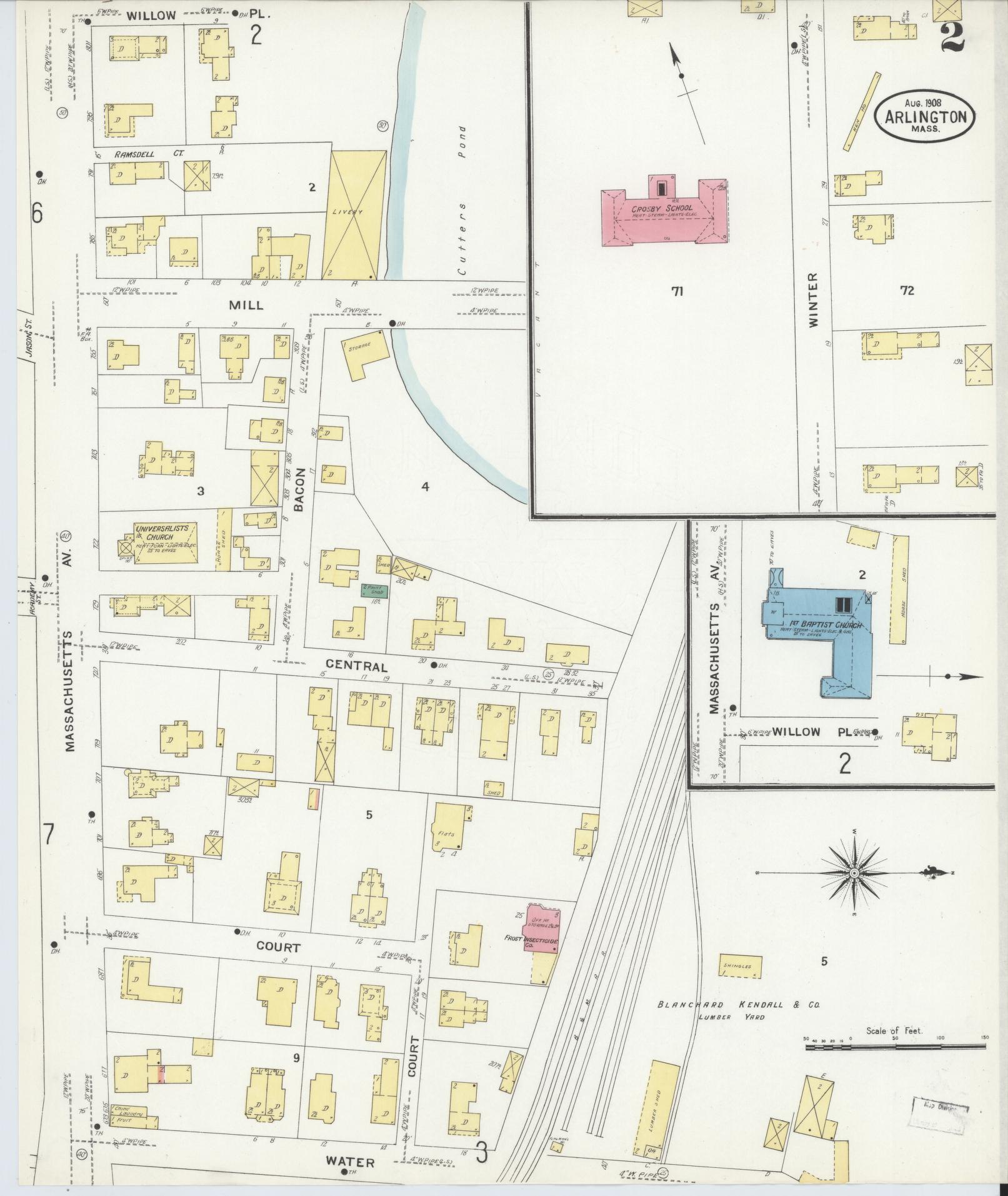 Sanborn Fire Insurance Map from Arlington, Middlesex County, Massachusetts (1908), Sheet #0002 - Historic Sanborn Fire Insurance Map Print, vintage old map wall art, antique decor, genealogy gift, Massachusetts Massachusetts map