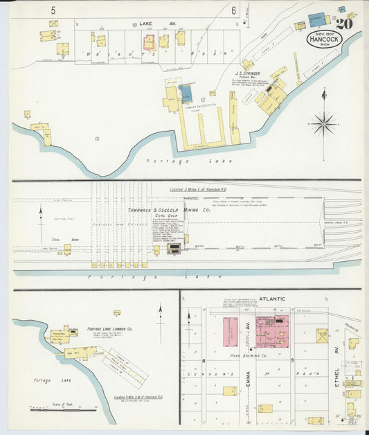 Sanborn Fire Insurance Map from Hancock, Houghton County, Michigan (1907), Sheet #0020 - Historic Sanborn Fire Insurance Map Print, vintage old map wall art, antique decor, genealogy gift, Michigan Michigan map