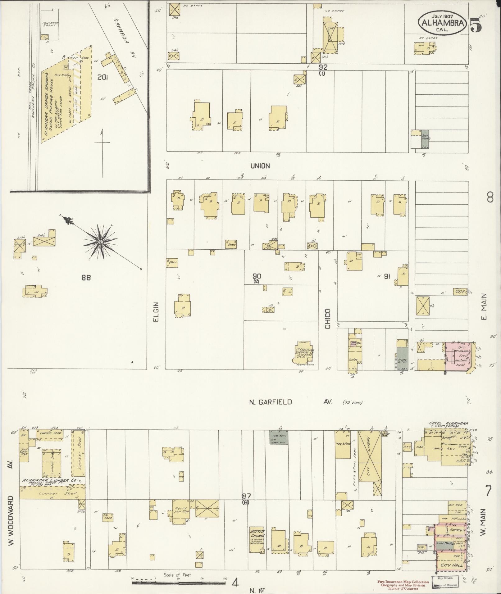 Sanborn Fire Insurance Map from Alhambra, Los Angeles County, California (1907), Sheet #0005 - Historic Sanborn Fire Insurance Map Print, vintage old map wall art, antique decor, genealogy gift, California California map