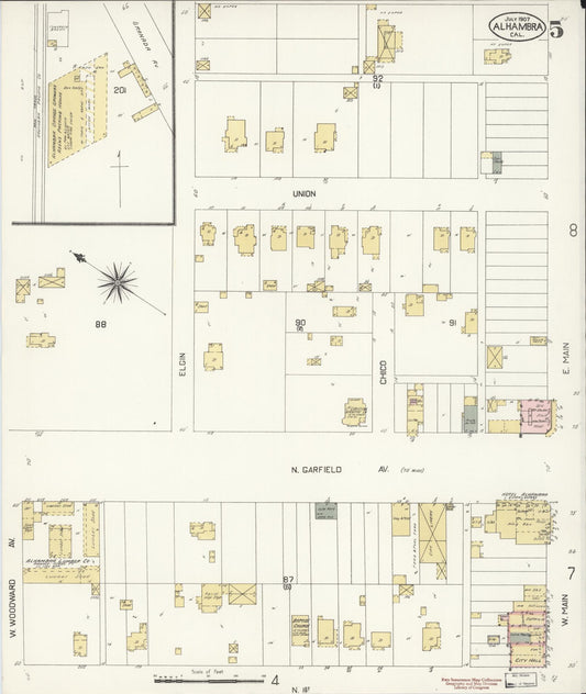 Sanborn Fire Insurance Map from Alhambra, Los Angeles County, California (1907), Sheet #0005 - Historic Sanborn Fire Insurance Map Print, vintage old map wall art, antique decor, genealogy gift, California California map
