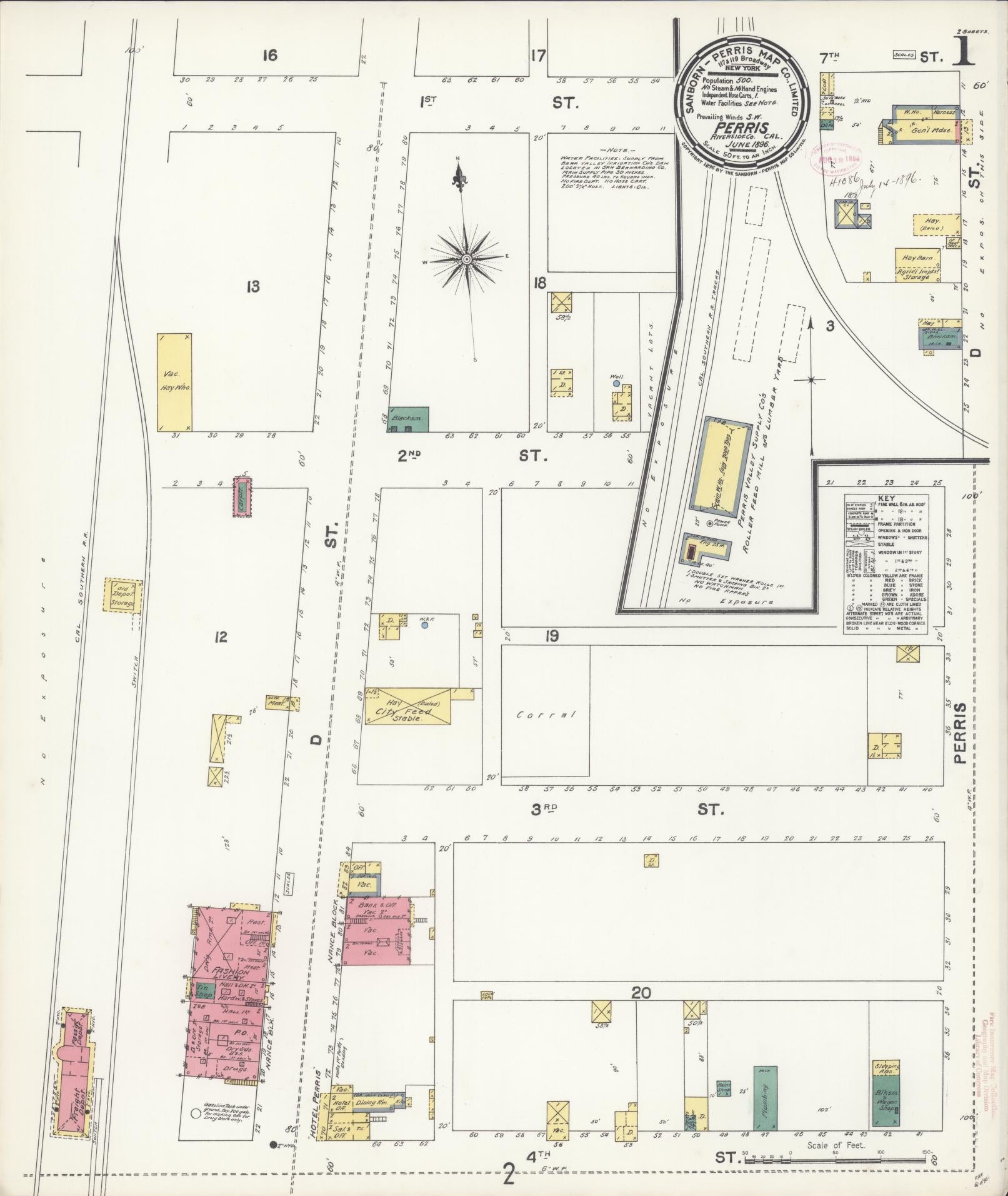 Sanborn Fire Insurance Map from Perris, Riverside County, California (1896), Sheet #0001 - Complete Map Set gallery image, historic Sanborn map, vintage wall art, California California