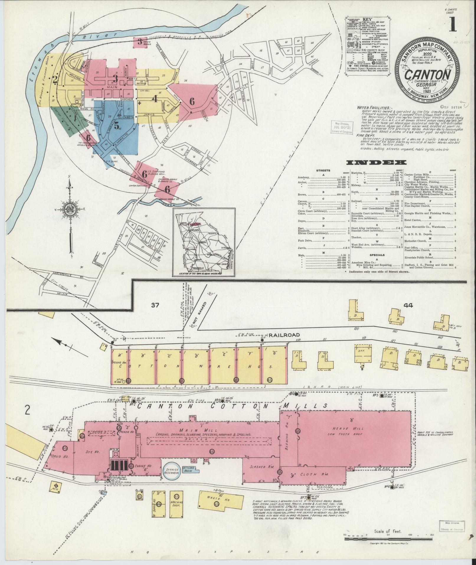 Sanborn Fire Insurance Map from Canton, Cherokee County, Georgia (1921), Sheet #0001 - Complete Map Set gallery image, historic Sanborn map, vintage wall art, Georgia Georgia