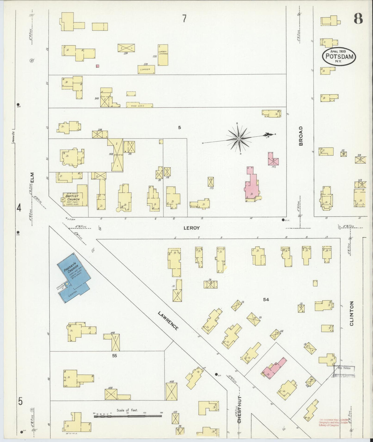 Sanborn Fire Insurance Map from Potsdam, St. Lawrence County, New York (1909), Sheet #0008 - Complete Map Set gallery image, historic Sanborn map, vintage wall art, New York New York