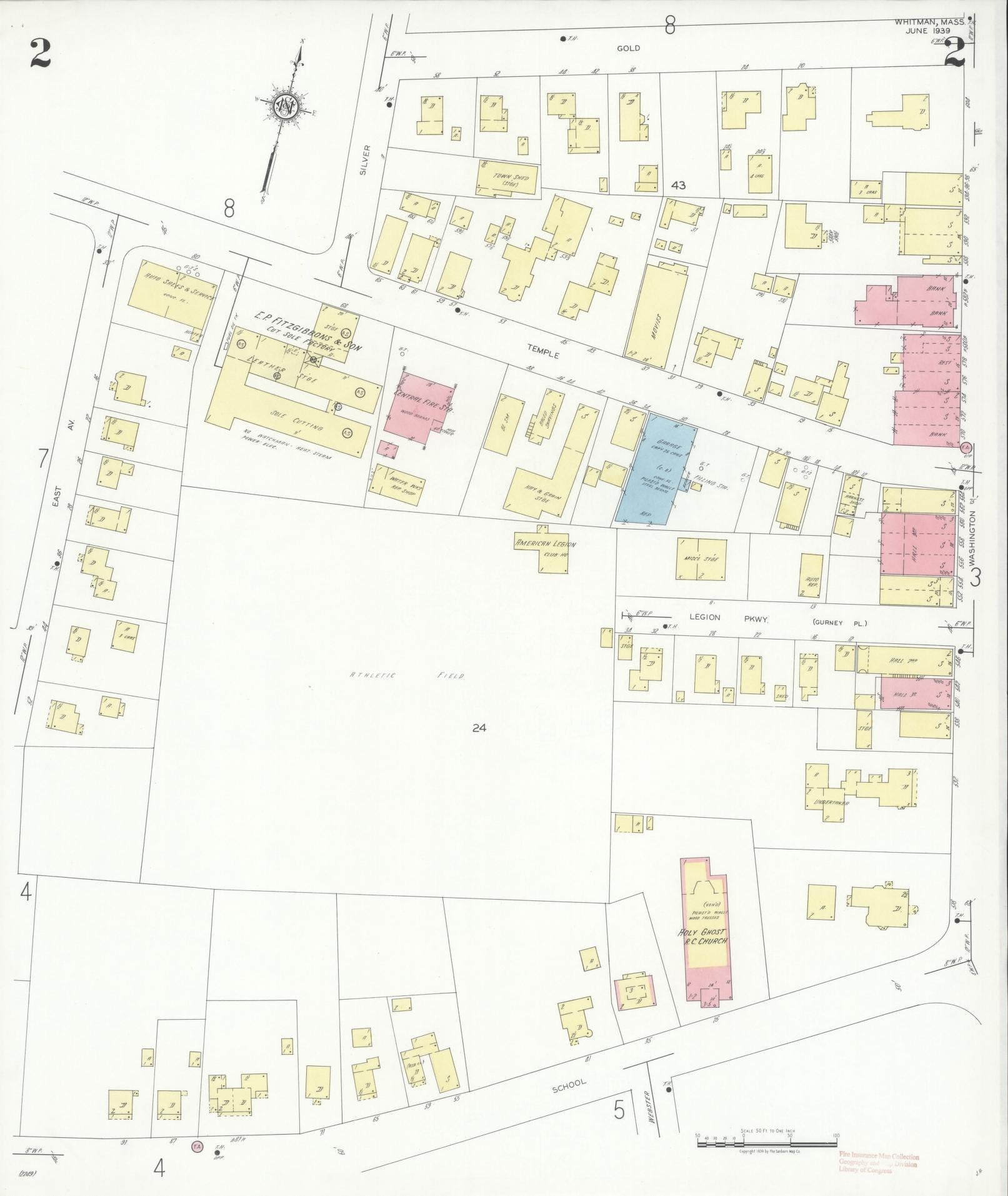 Sanborn Fire Insurance Map from Whitman, Plymouth County, Massachusetts (1939), Sheet #0002 - Complete Map Set gallery image, historic Sanborn map, vintage wall art, Massachusetts Massachusetts