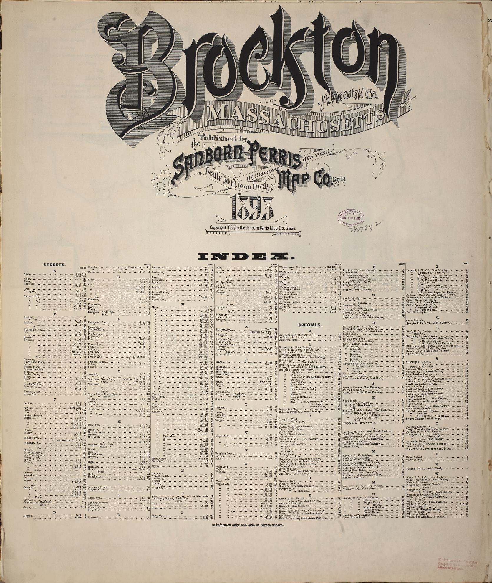 Sanborn Fire Insurance Map from Brockton, Plymouth County, Massachusetts (1893), Sheet #0001 - Historic Sanborn Fire Insurance Map Print, vintage old map wall art, antique decor, genealogy gift, Massachusetts Massachusetts map