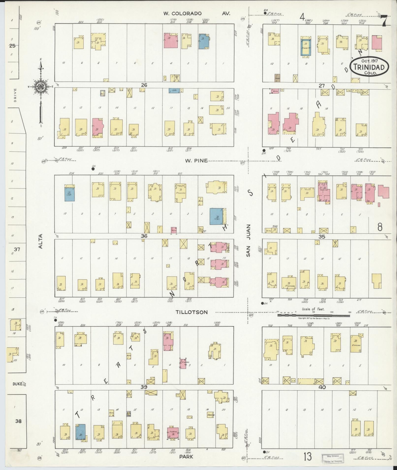 Sanborn Fire Insurance Map from Trinidad, Las Animas County, Colorado (1917), Sheet #0007 - Complete Map Set gallery image, historic Sanborn map, vintage wall art, Colorado Colorado