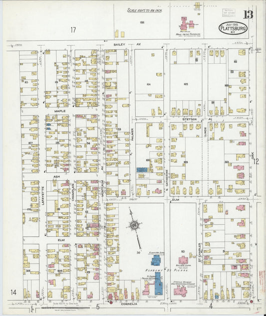 Sanborn Fire Insurance Map from Plattsburg, Clinton County, New York (1918), Sheet #0013 - Historic Sanborn Fire Insurance Map Print, vintage old map wall art, antique decor, genealogy gift, New York New York map