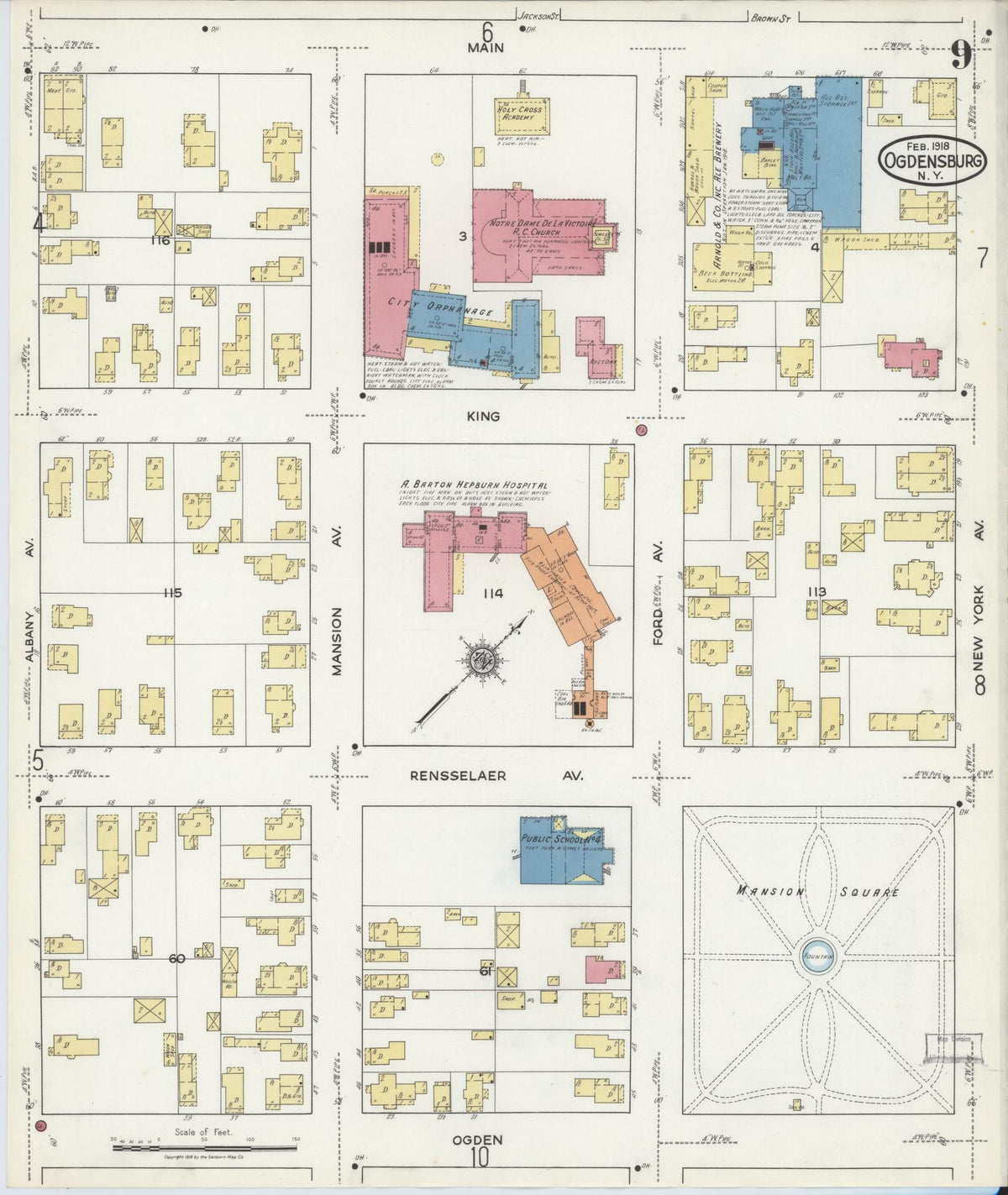 Sanborn Fire Insurance Map from Ogdensburg, St. Lawrence County, New York (1918), Sheet #0009 - Complete Map Set gallery image, historic Sanborn map, vintage wall art, New York New York