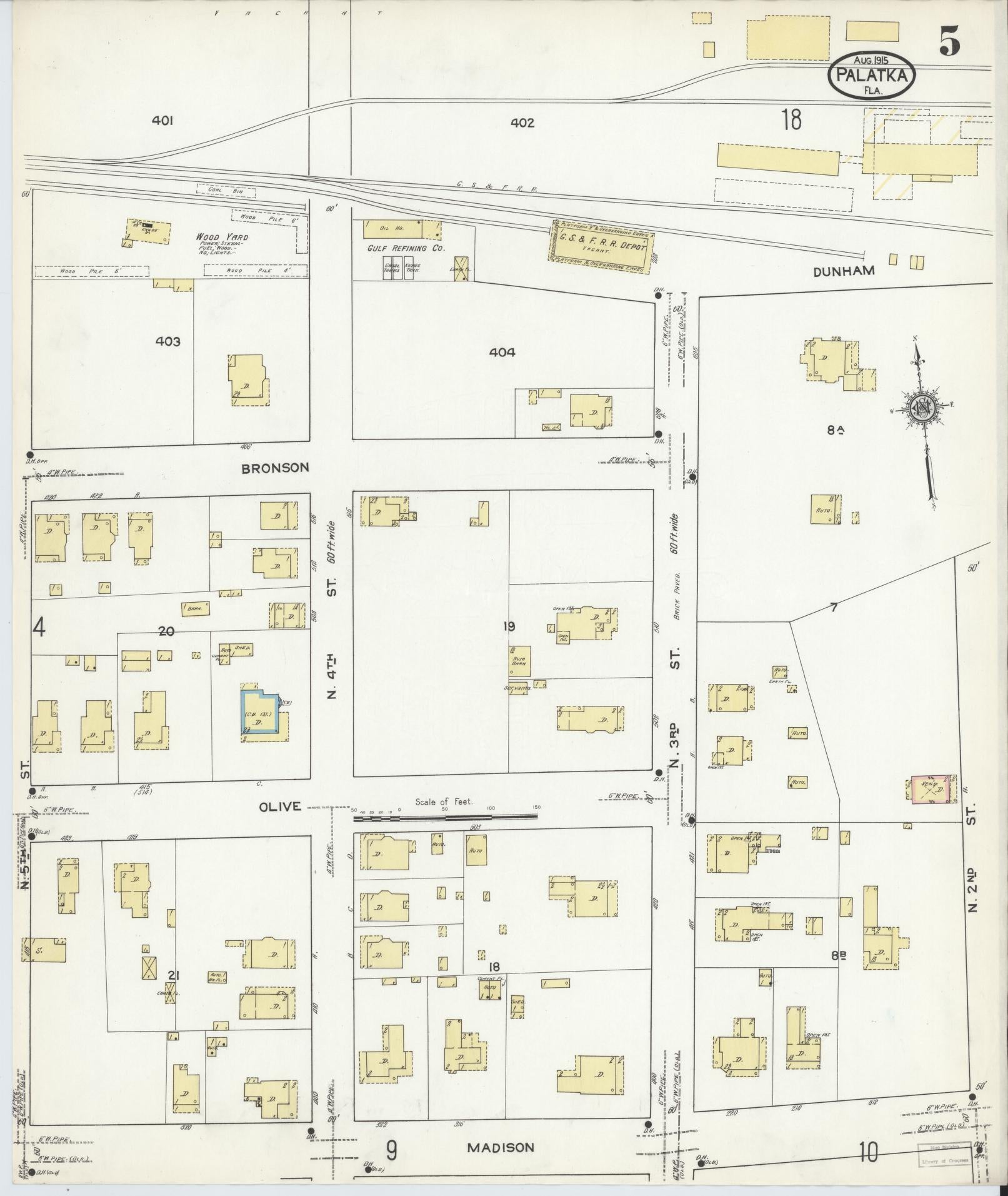 Sanborn Fire Insurance Map from Palatka, Putnam County, Florida (1915), Sheet #0005 - Historic Sanborn Fire Insurance Map Print, vintage old map wall art, antique decor, genealogy gift, Florida Florida map