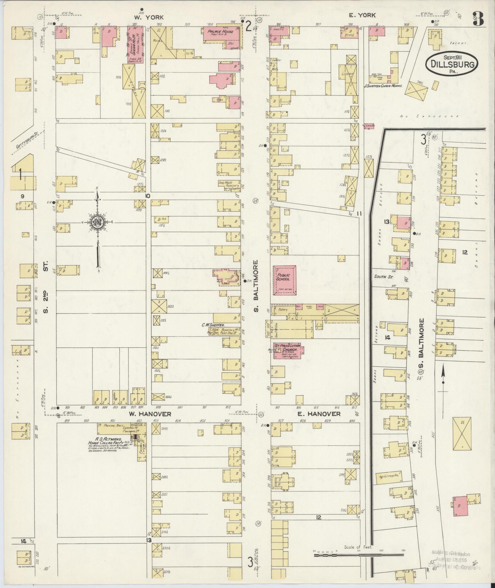 Sanborn Fire Insurance Map from Dillsburg, York County, Pennsylvania (1911), Sheet #0003 - Historic Sanborn Fire Insurance Map Print, vintage old map wall art, antique decor, genealogy gift, Pennsylvania Pennsylvania map