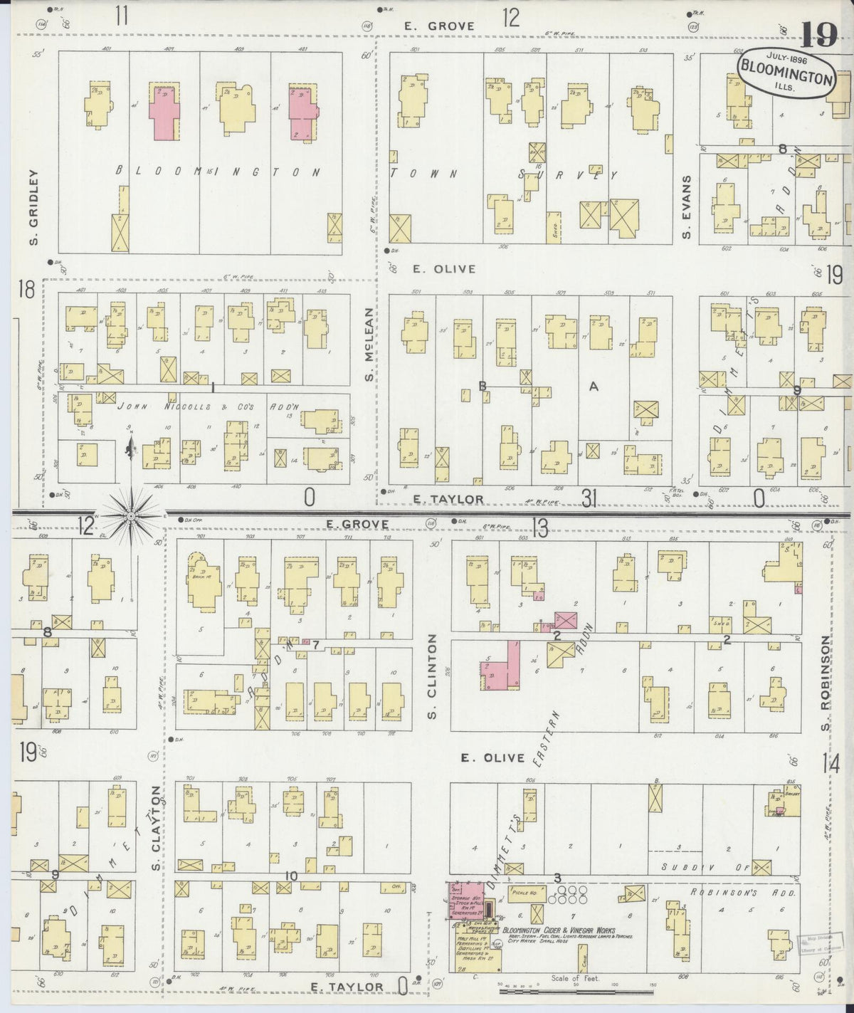 Sanborn Fire Insurance Map from Bloomington, McLean County, Illinois (1896), Sheet #0019 - Complete Map Set gallery image, historic Sanborn map, vintage wall art, Illinois Illinois