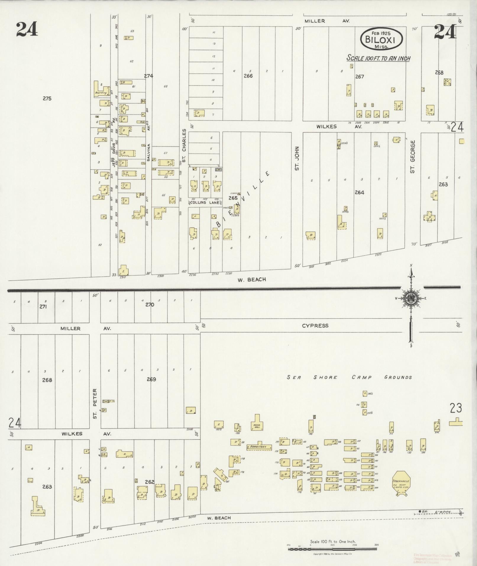 Sanborn Fire Insurance Map from Biloxi, Harrison County, Mississippi (1925), Sheet #0024 - Historic Sanborn Fire Insurance Map Print, vintage old map wall art, antique decor, genealogy gift, Mississippi Mississippi map