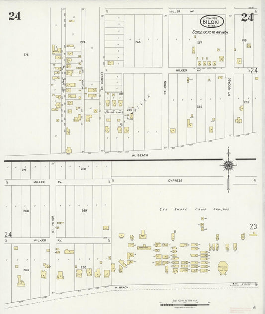 Sanborn Fire Insurance Map from Biloxi, Harrison County, Mississippi (1925), Sheet #0024 - Historic Sanborn Fire Insurance Map Print, vintage old map wall art, antique decor, genealogy gift, Mississippi Mississippi map
