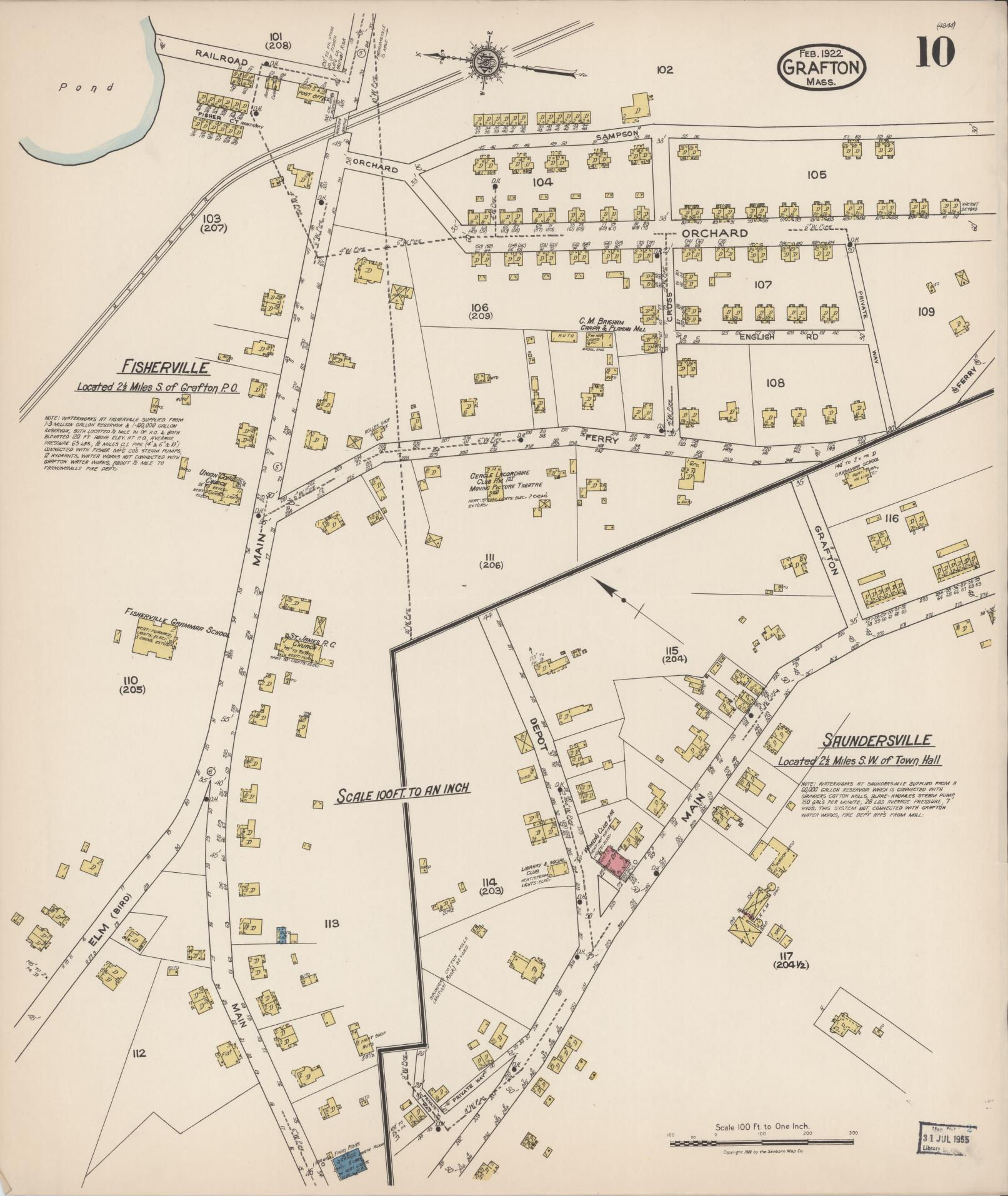 Sanborn Fire Insurance Map from Grafton, Worcester County, Massachusetts (1922), Sheet #0010 - Historic Sanborn Fire Insurance Map Print, vintage old map wall art, antique decor, genealogy gift, Massachusetts Massachusetts map