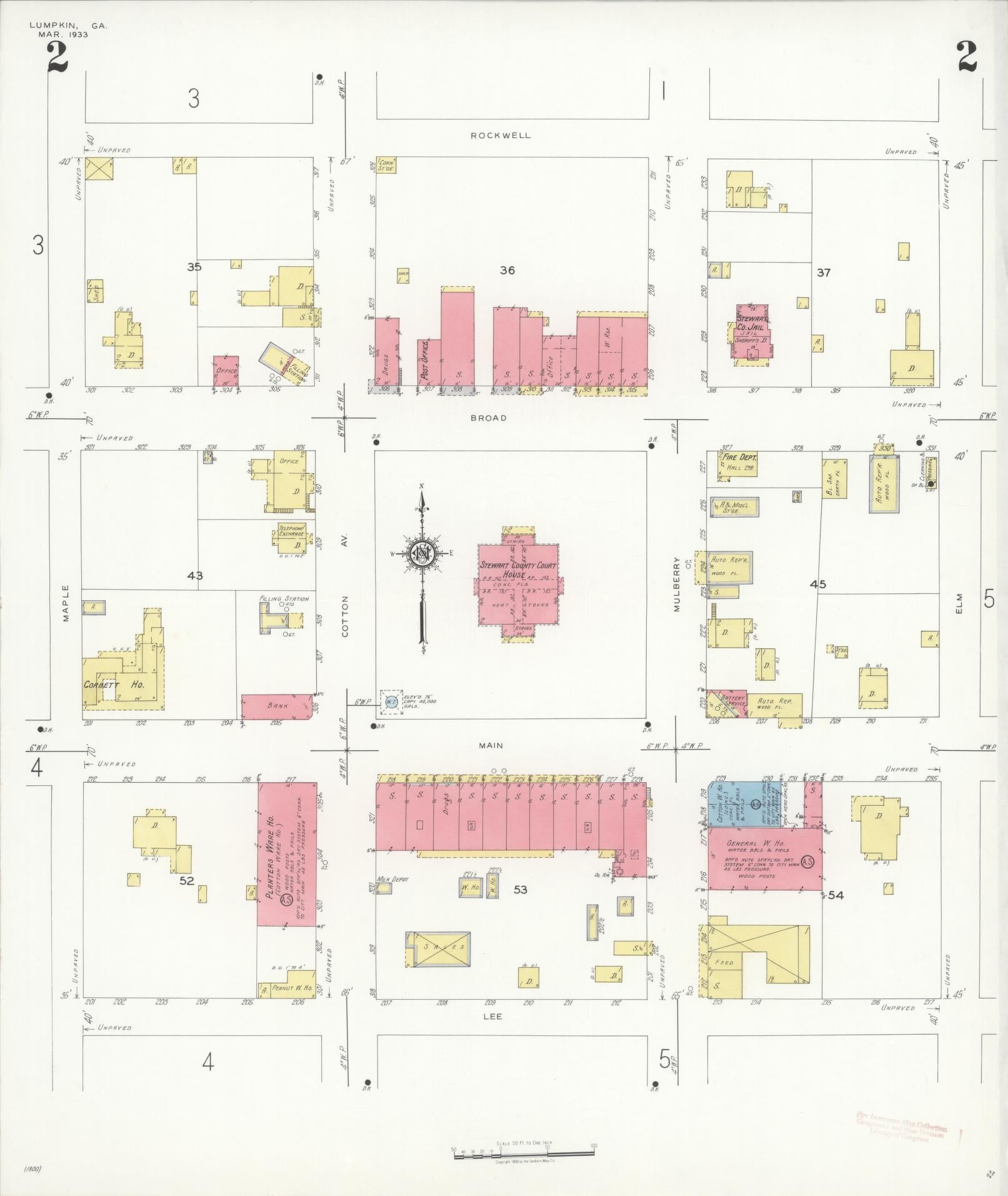Sanborn Fire Insurance Map from Lumpkin, Stewart County, Georgia (1933), Sheet #0002 - Historic Sanborn Fire Insurance Map Print, vintage old map wall art, antique decor, genealogy gift, Georgia Georgia map