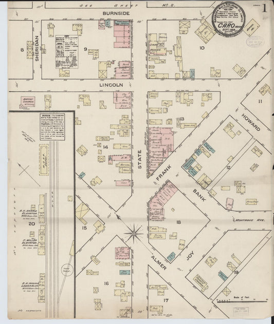 Sanborn Fire Insurance Map from Caro, Tuscola County, Michigan (1884), Sheet #0001 - Historic Sanborn Fire Insurance Map Print, vintage old map wall art, antique decor, genealogy gift, Michigan Michigan map