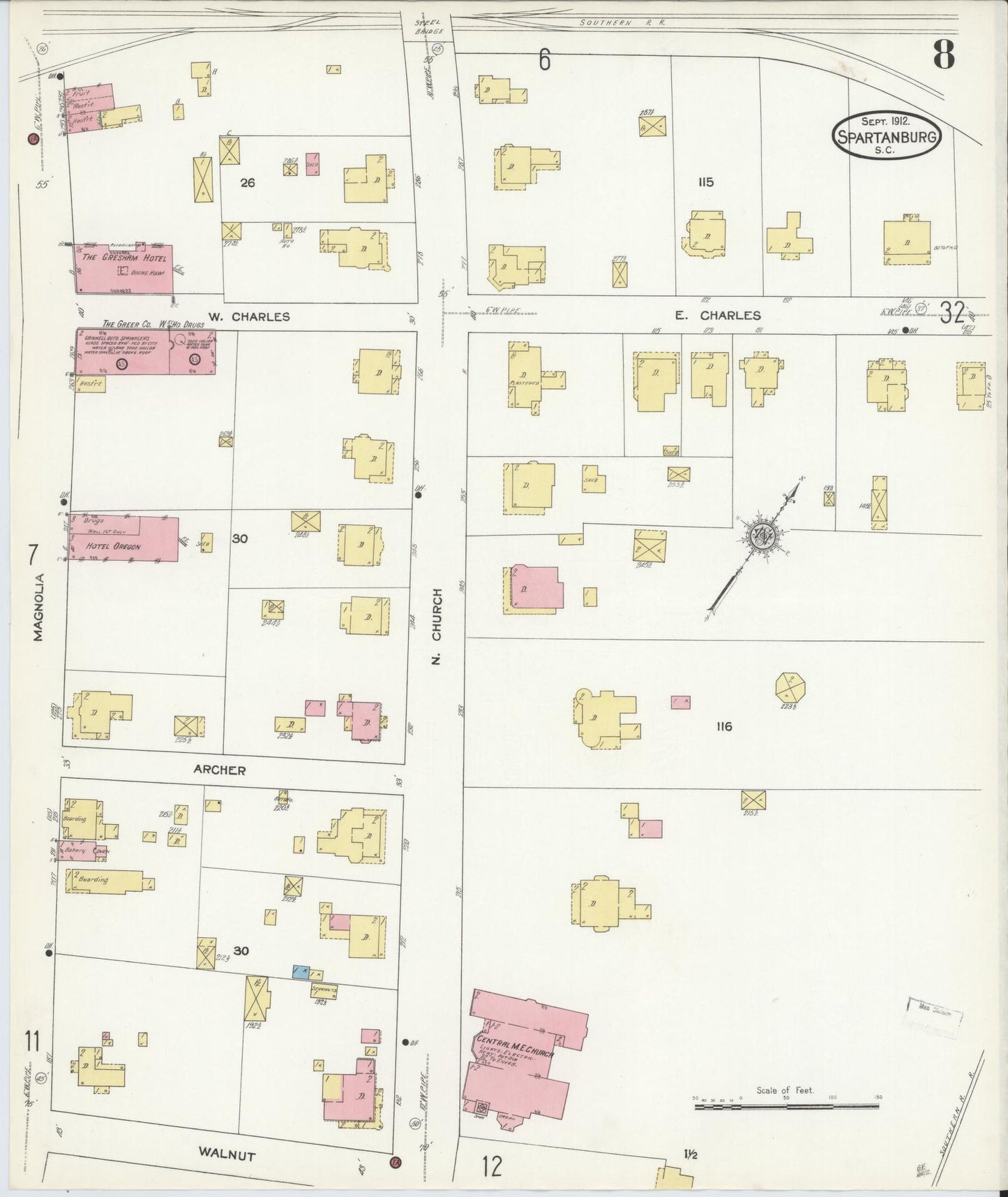 Sanborn Fire Insurance Map from Spartanburg, Spartanburg County, South Carolina (1912), Sheet #0008 - Complete Map Set gallery image, historic Sanborn map, vintage wall art, South Carolina South Carolina