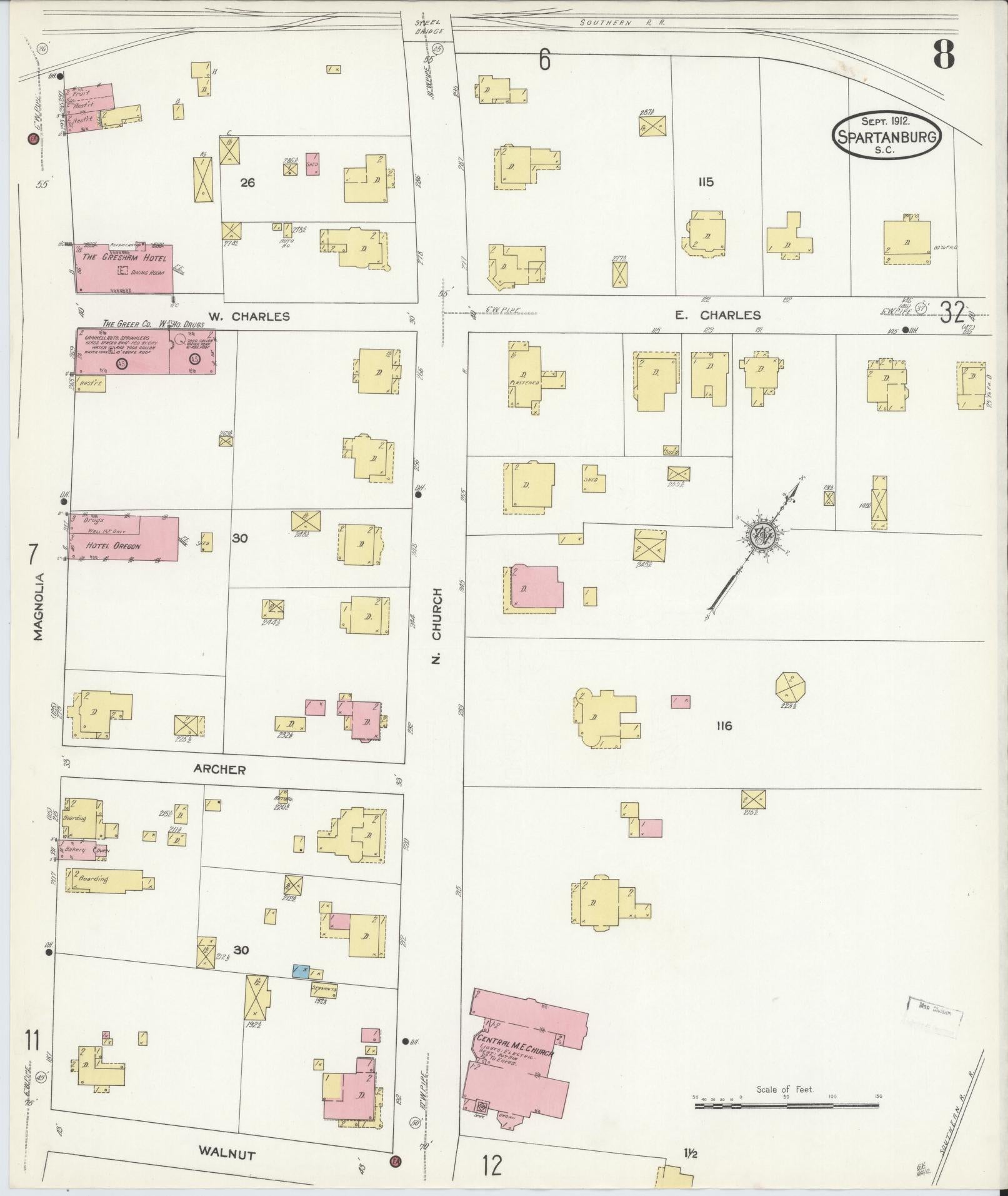 Sanborn Fire Insurance Map from Spartanburg, Spartanburg County, South Carolina (1912), Sheet #0008 - Complete Map Set gallery image, historic Sanborn map, vintage wall art, South Carolina South Carolina