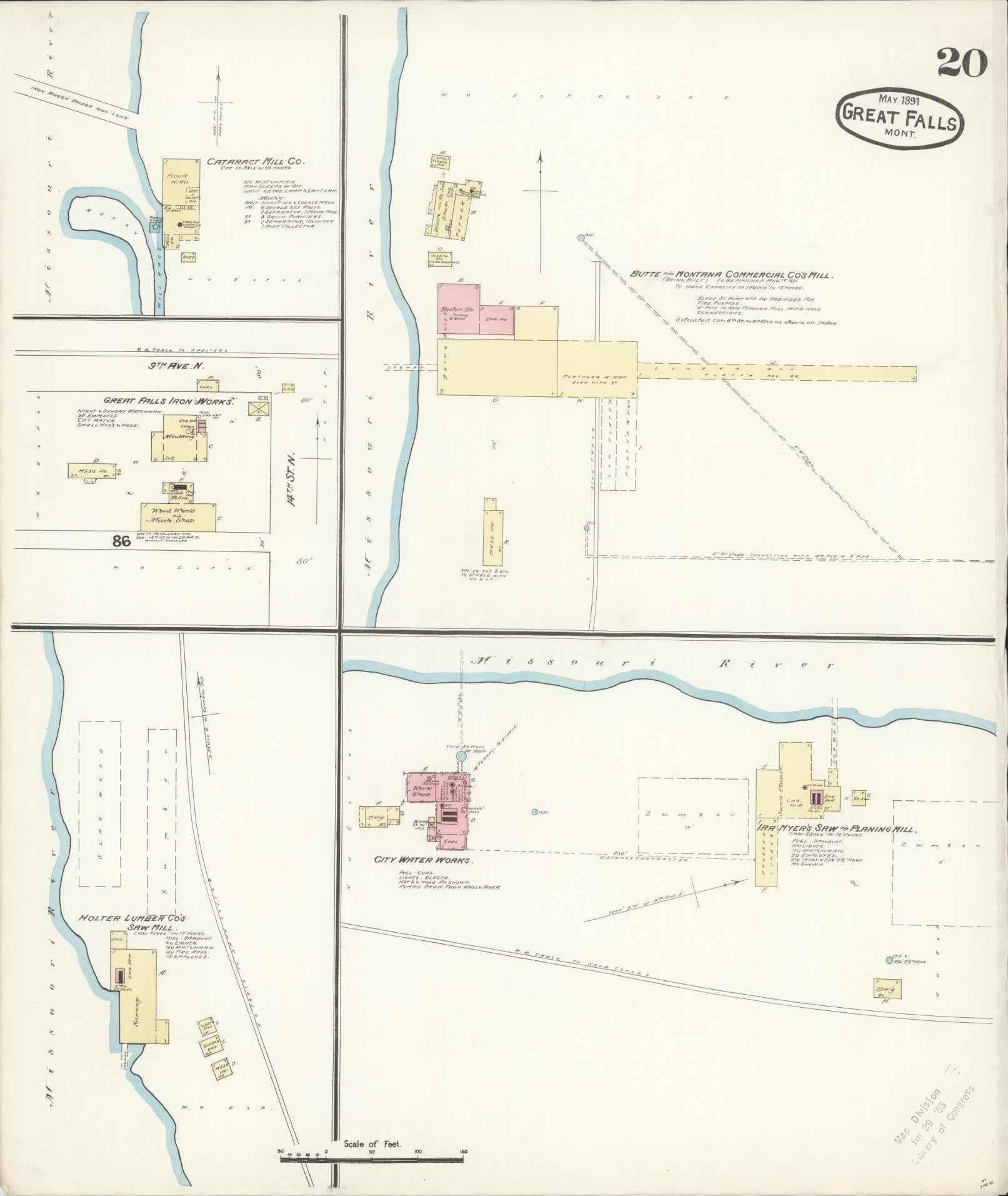 Sanborn Fire Insurance Map from Great Falls, Cascade County, Montana (1891), Sheet #0020 - Historic Sanborn Fire Insurance Map Print, vintage old map wall art, antique decor, genealogy gift, Montana Montana map