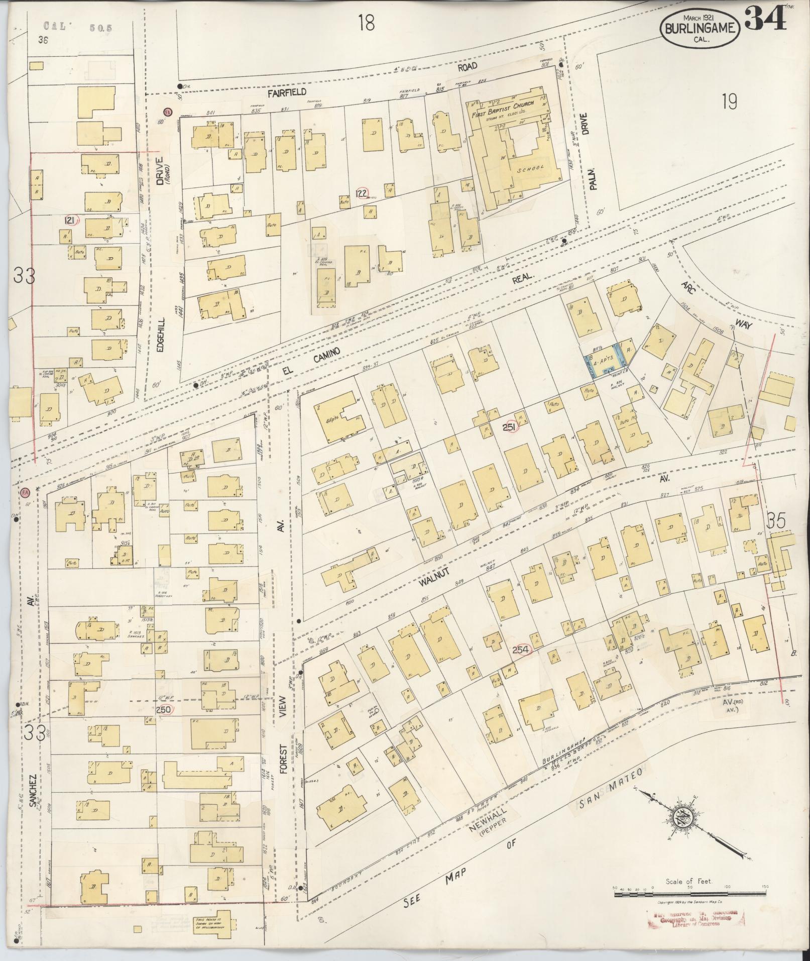Sanborn Fire Insurance Map from Burlingame, San Mateo County, California (1949), Sheet #0034 - Historic Sanborn Fire Insurance Map Print, vintage old map wall art, antique decor, genealogy gift, California California map