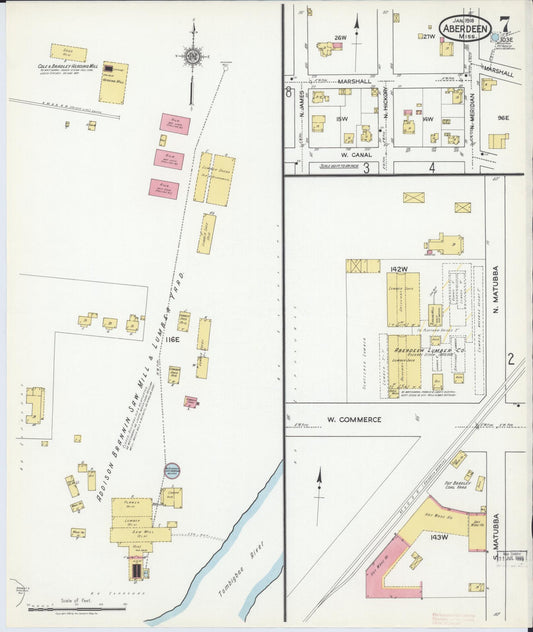 Sanborn Fire Insurance Map from Aberdeen, Monroe County, Mississippi (1918), Sheet #0007 - Historic Sanborn Fire Insurance Map Print, vintage old map wall art, antique decor, genealogy gift, Mississippi Mississippi map