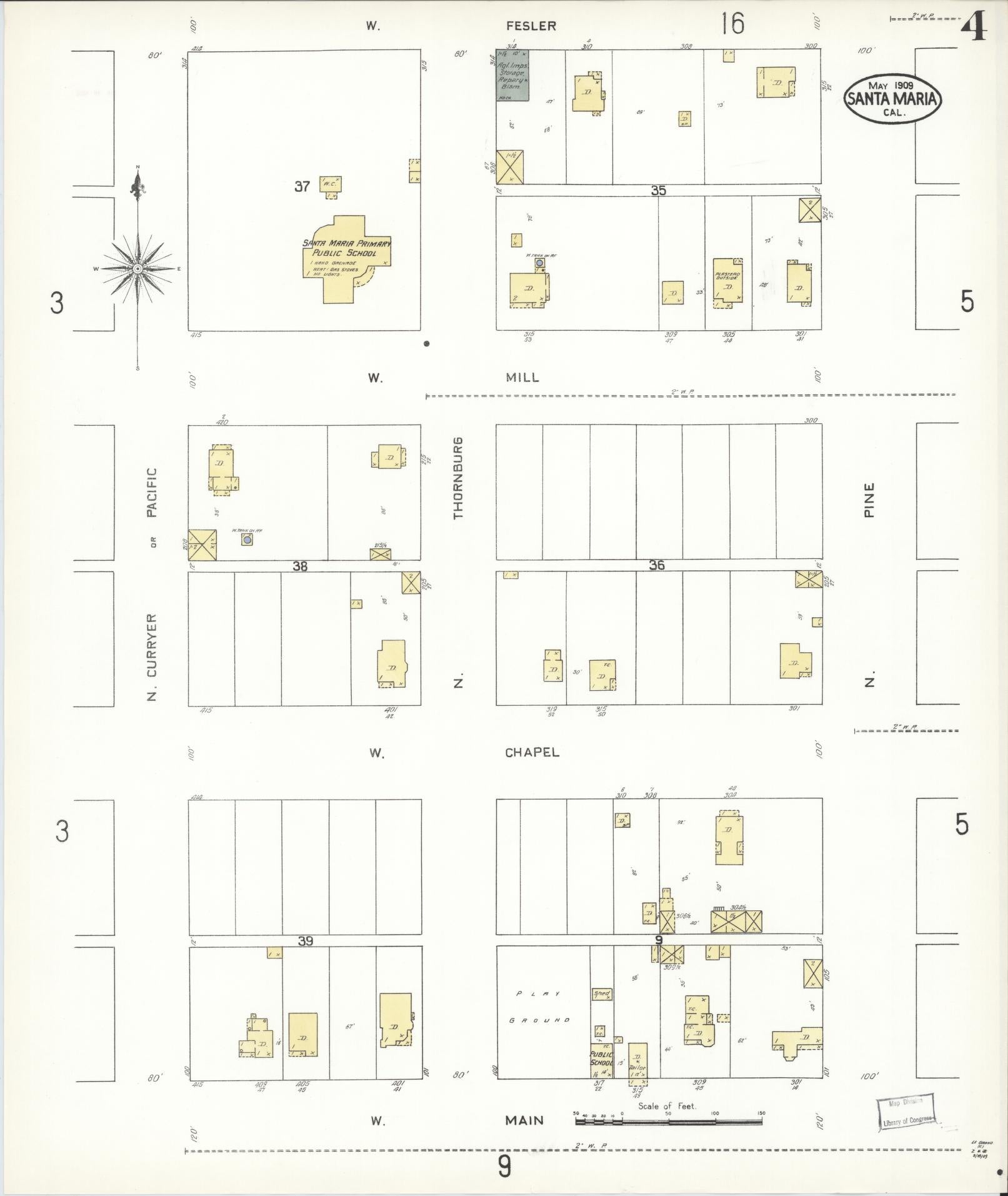 Sanborn Fire Insurance Map from Santa Maria, Santa Barbara County, California (1909), Sheet #0004 - Complete Map Set gallery image, historic Sanborn map, vintage wall art, California California