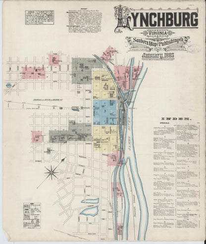 Sanborn Fire Insurance Map from Lynchburg, Independent Cities, Virginia (1885), Sheet #0001 - Complete Map Set gallery image, historic Sanborn map, vintage wall art, Virginia Virginia