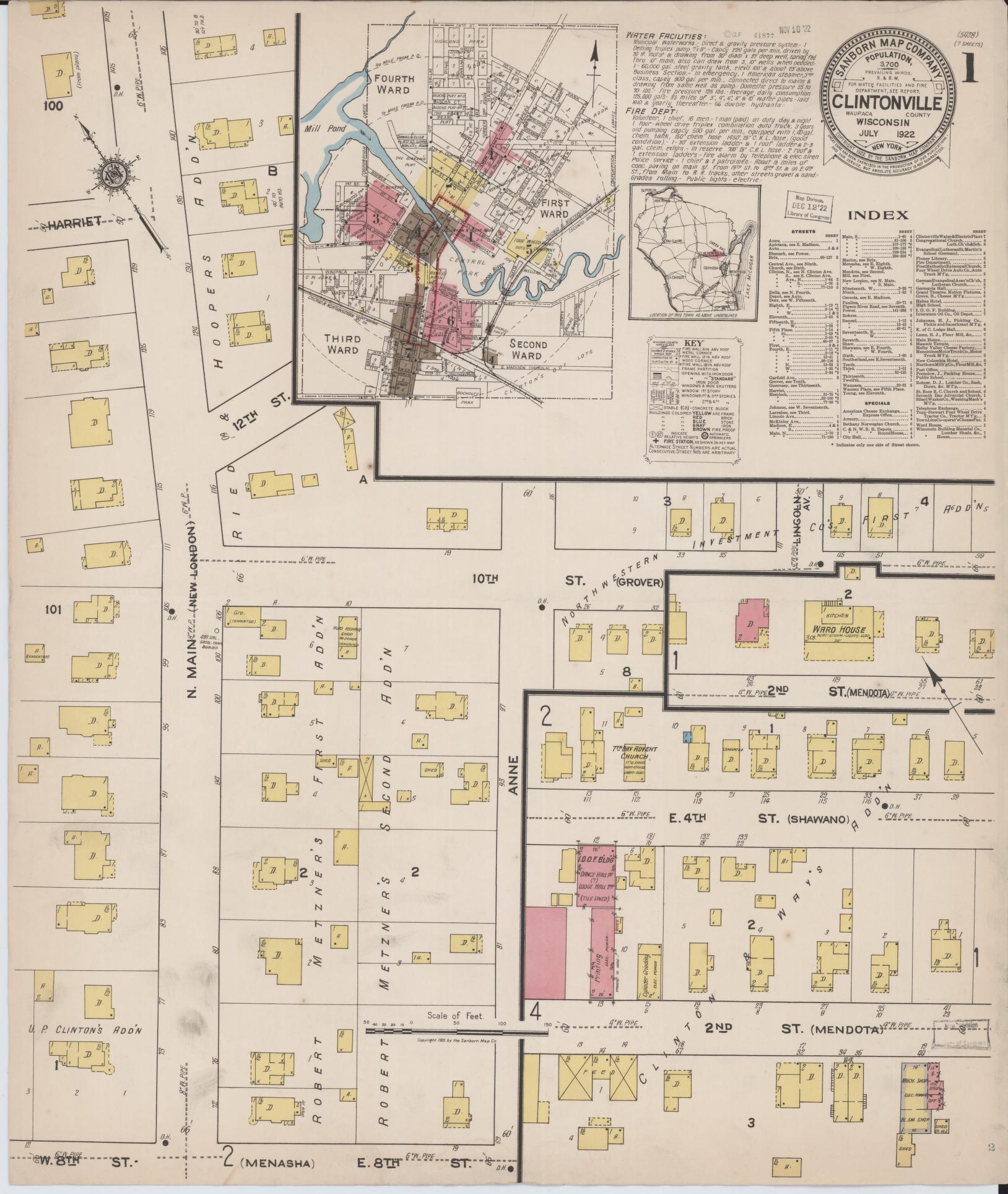 Sanborn Fire Insurance Map from Clintonville, Waupaca County, Wisconsin (1922), Sheet #0001 - Historic Sanborn Fire Insurance Map Print, vintage old map wall art, antique decor, genealogy gift, Wisconsin Wisconsin map
