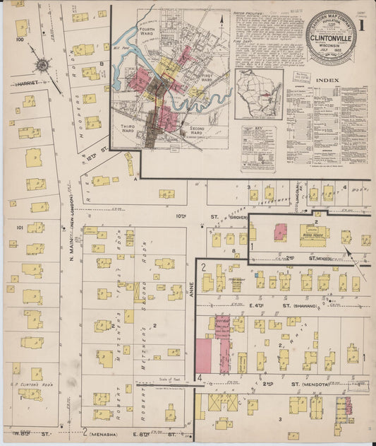 Sanborn Fire Insurance Map from Clintonville, Waupaca County, Wisconsin (1922), Sheet #0001 - Historic Sanborn Fire Insurance Map Print, vintage old map wall art, antique decor, genealogy gift, Wisconsin Wisconsin map