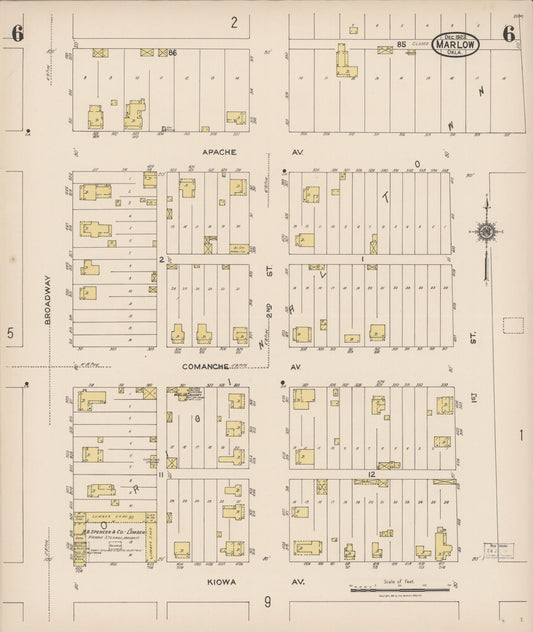 Sanborn Fire Insurance Map from Marlow, Stephens County, Oklahoma (1922), Sheet #0006 - Historic Sanborn Fire Insurance Map Print, vintage old map wall art, antique decor, genealogy gift, Oklahoma Oklahoma map