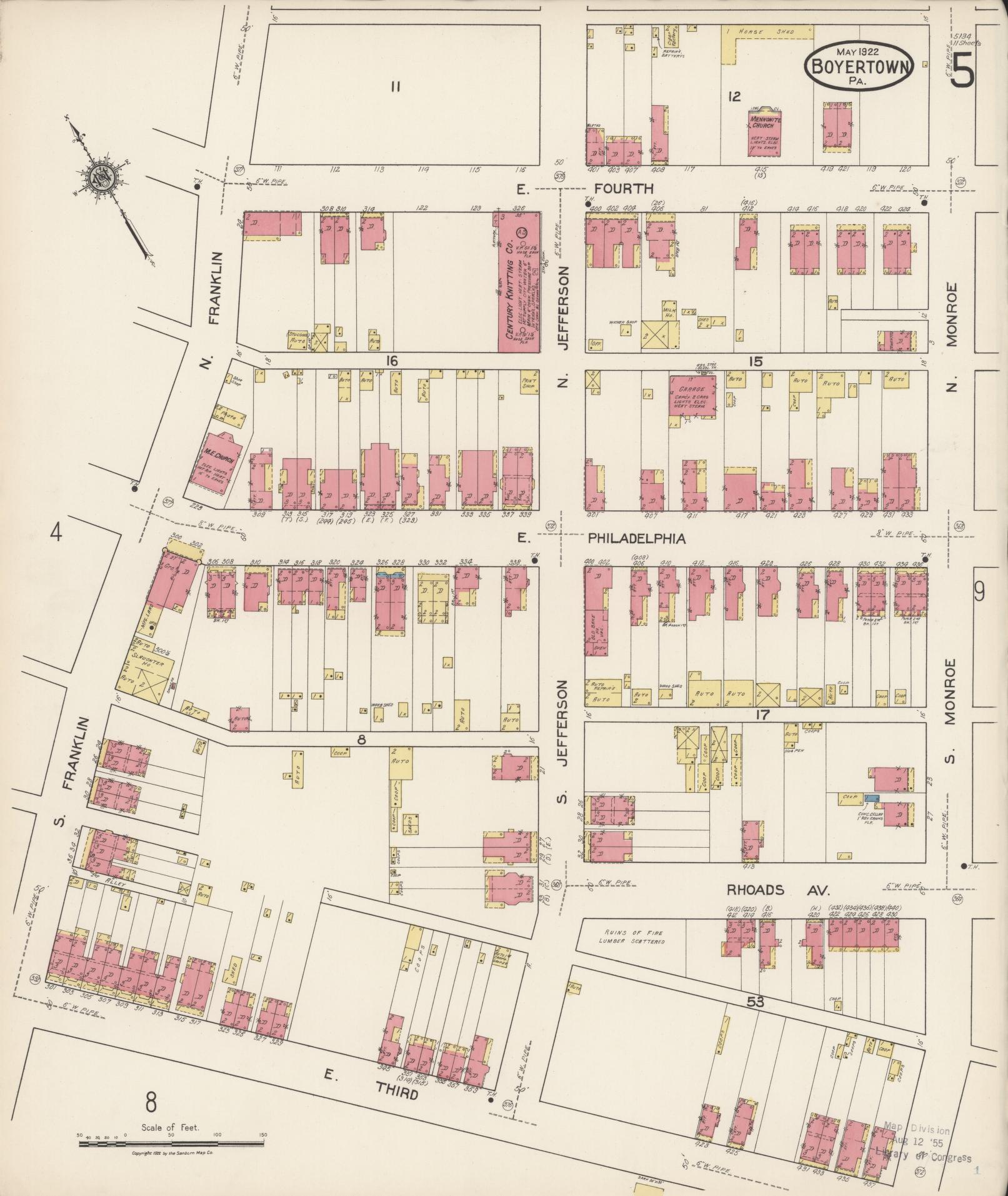 Sanborn Fire Insurance Map from Boyertown, Berks County, Pennsylvania (1922), Sheet #0005 - Historic Sanborn Fire Insurance Map Print, vintage old map wall art, antique decor, genealogy gift, Pennsylvania Pennsylvania map